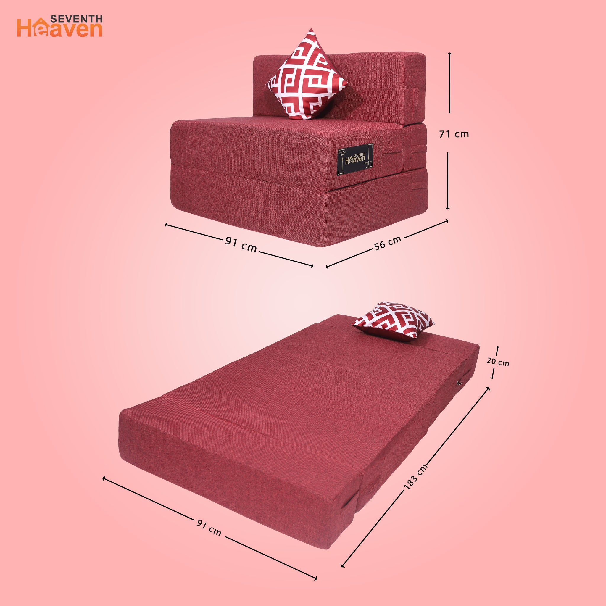 Seventh Heaven 1 Seater 6×3  Premium Jute Fabric Washable Cover Sofa cum Bed 1 Seater Double Foam Fold Out Sofa Cum Bed with 1 Printed Cushion  (Finish Color - Maroon Delivery Condition - Pre-assembled)