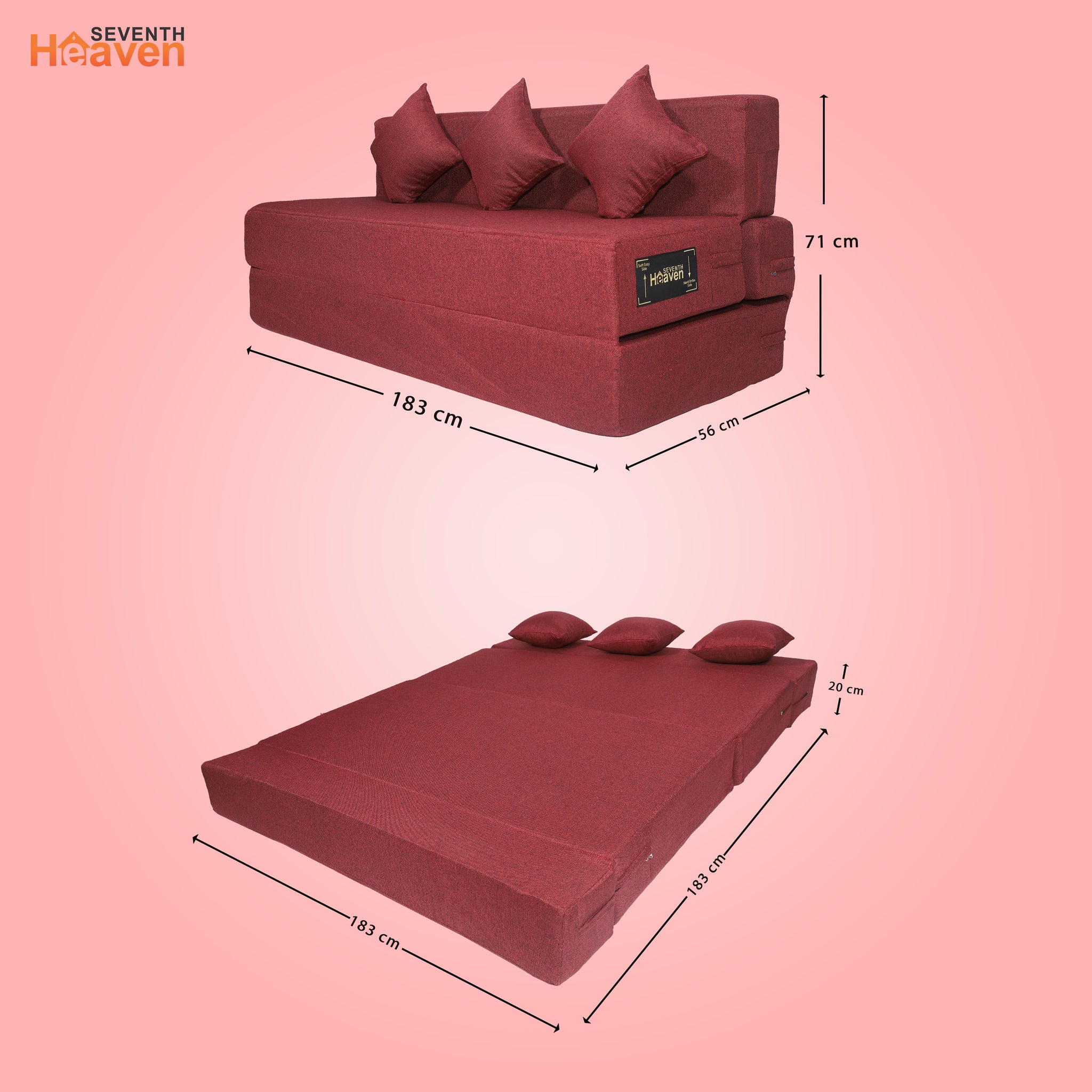 Seventh Heaven 4 Seater 6×6  Premium Jute Fabric Washable Cover Sofa cum Bed 4 Seater Double Foam Fold Out Sofa  Bed With 3 Same Cushions (Finish Color - Maroon Delivery Condition - Pre-assembled)