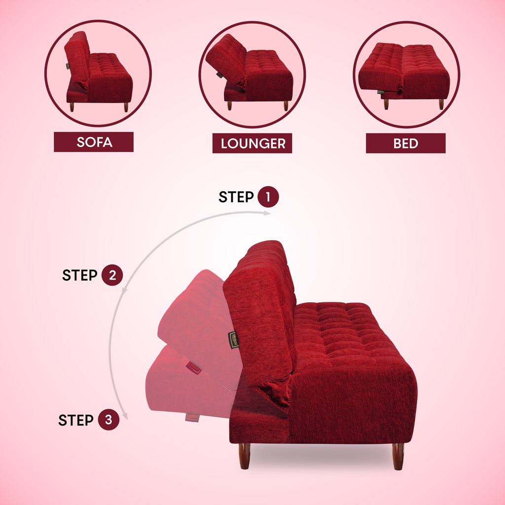 Florida 4 Seater Wooden Sofa Cum Bed - ( Premium Molfino Fabric- Maroon)