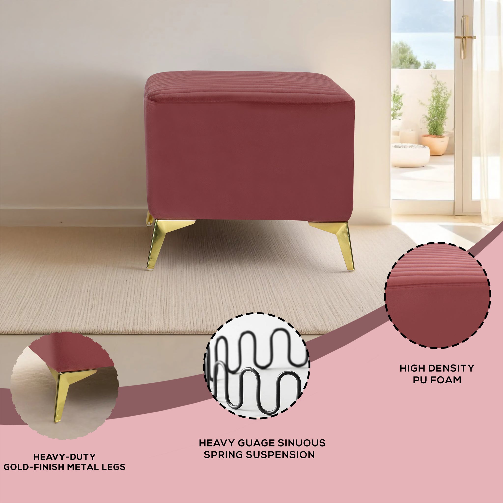 Venice 1 Seater Ottoman Stool - ( Plush Sued - Peach )