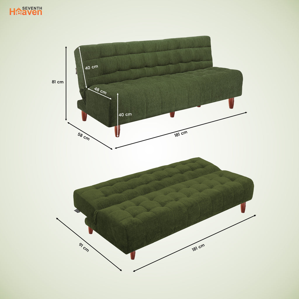 Florida Neo 3 Seater Wooden Sofa Cum Bed - ( Premium Molfino Fabric- Green )