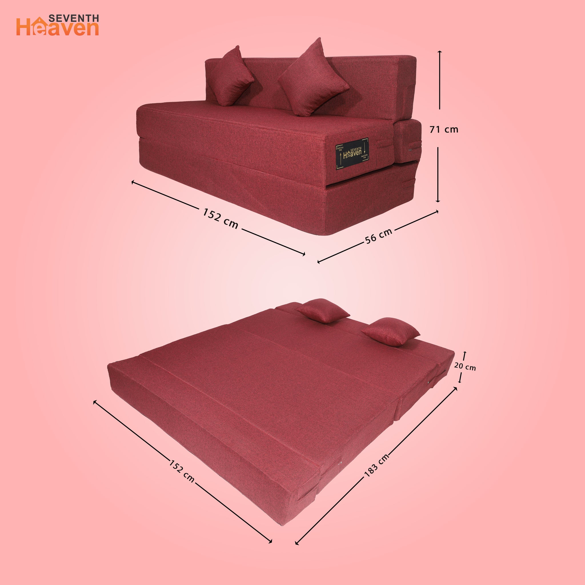 Seventh Heaven 3 Seater 6×5  Premium Jute Fabric Washable Cover Sofa cum Bed 3 Seater Double Foam Fold Out Sofa  Bed With 2 Same Cushions (Finish Color - Maroon Delivery Condition - Pre-assembled)