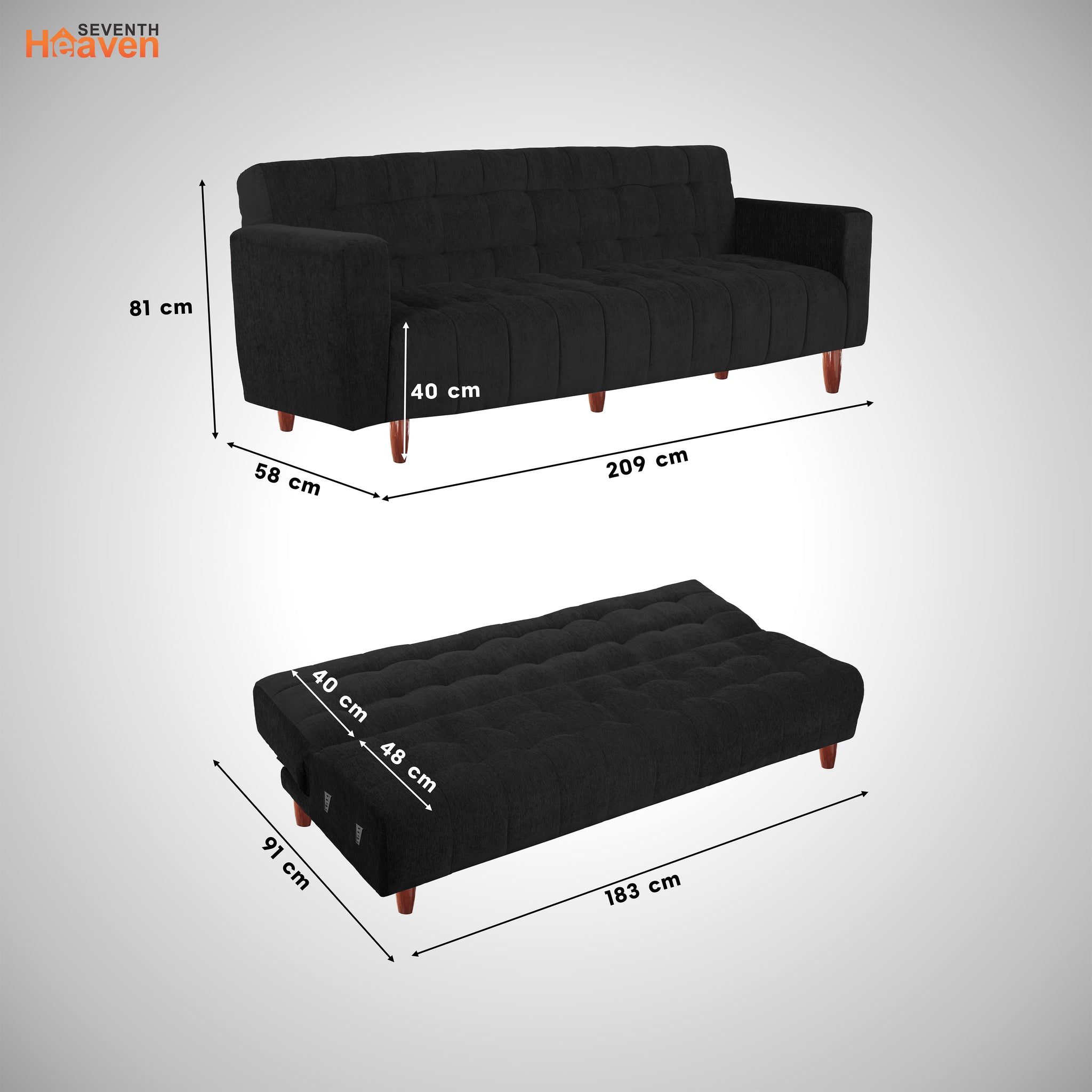 Lisbon Neo 3 Seater Wooden Sofa Cum Bed - ( Premium Molfino Fabric- Black )