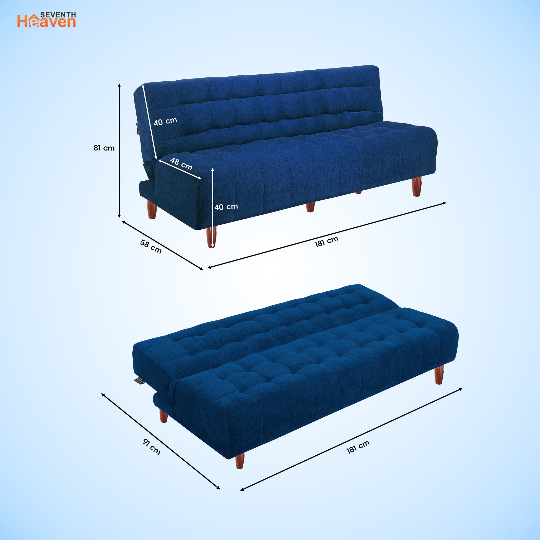 Neo Florida 3 Seater Wooden Sofa Cum Bed - ( Premium Molfino Fabric- Blue )