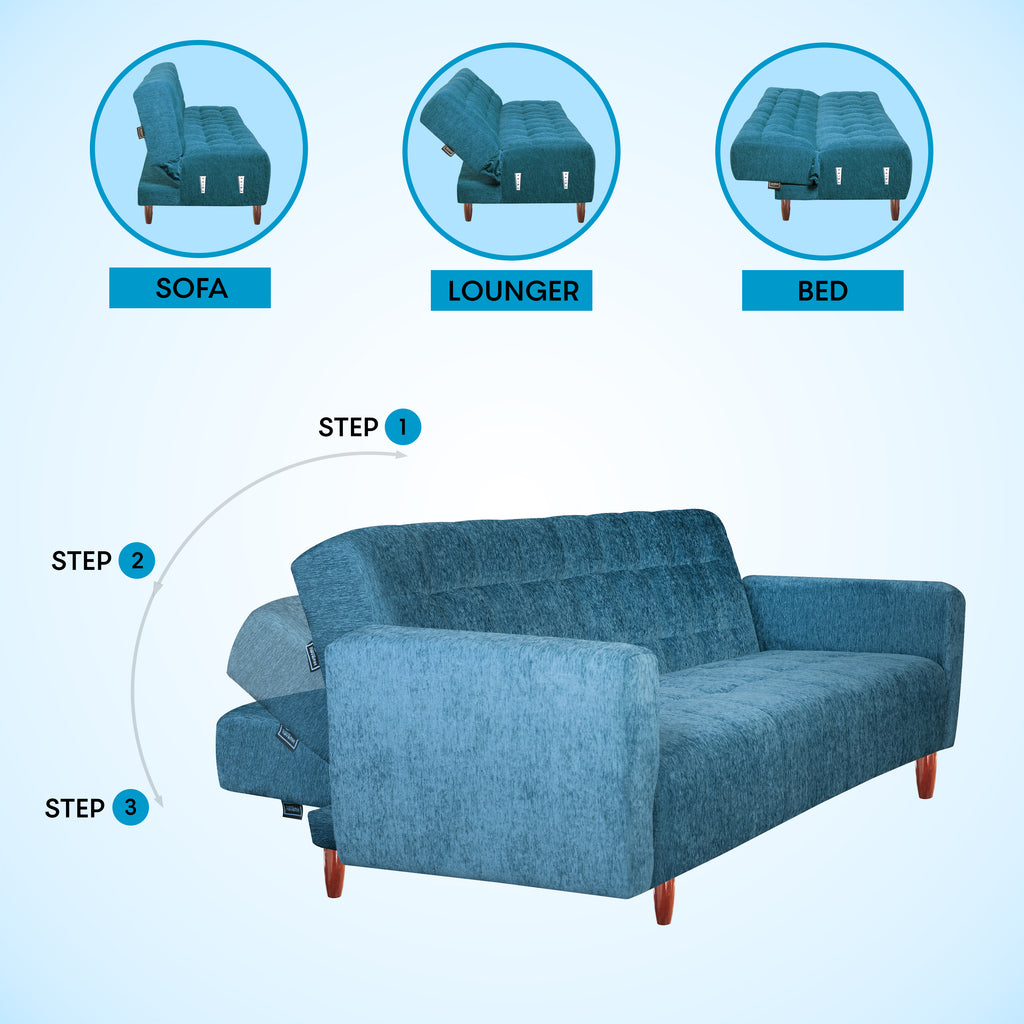 Lisbon 3 Seater Wooden Sofa Cum Bed - ( Premium Molfino Fabric- Sky Blue )