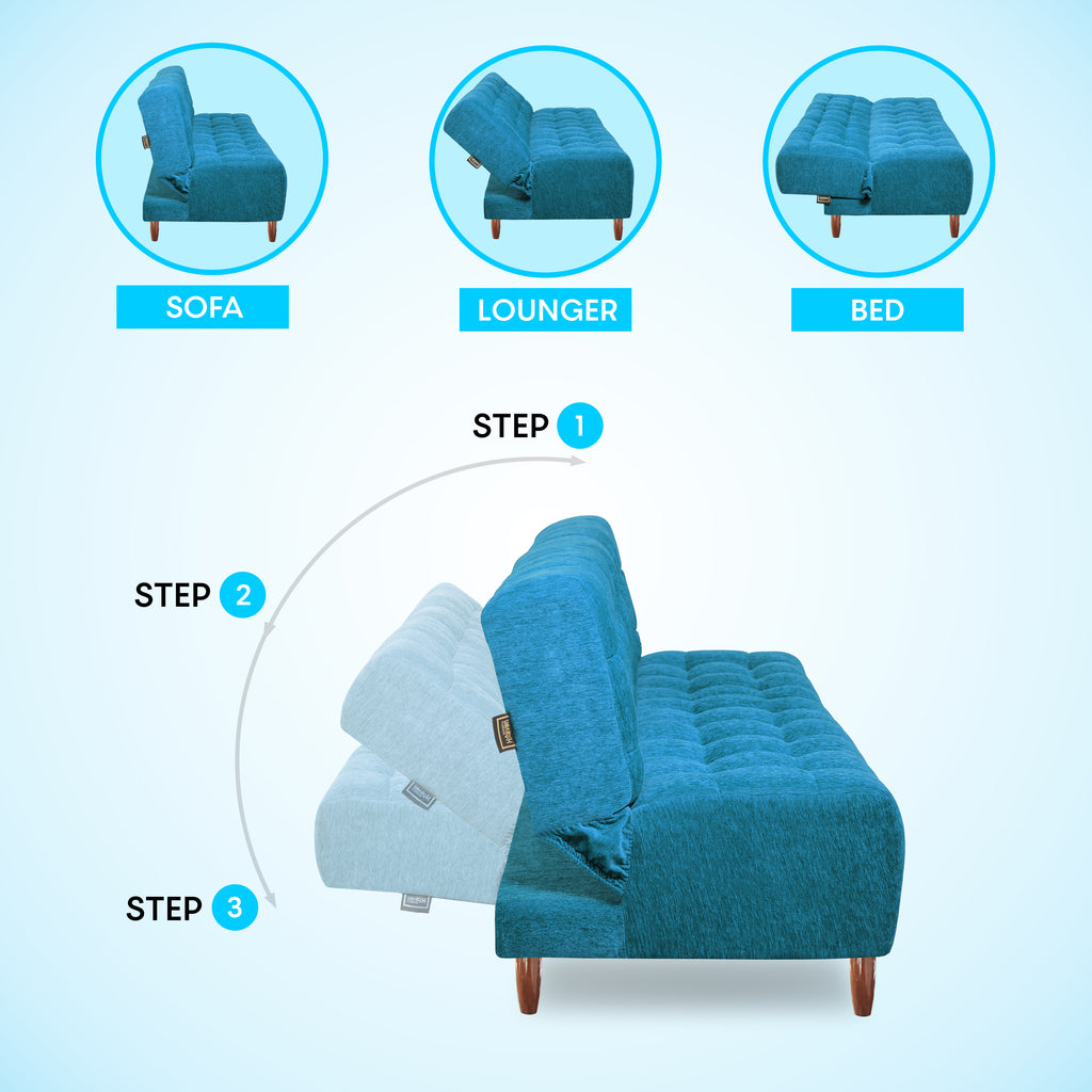 Florida 3 Seater Wooden Sofa Cum Bed - ( Premium Molfino Fabric- Sky Blue )