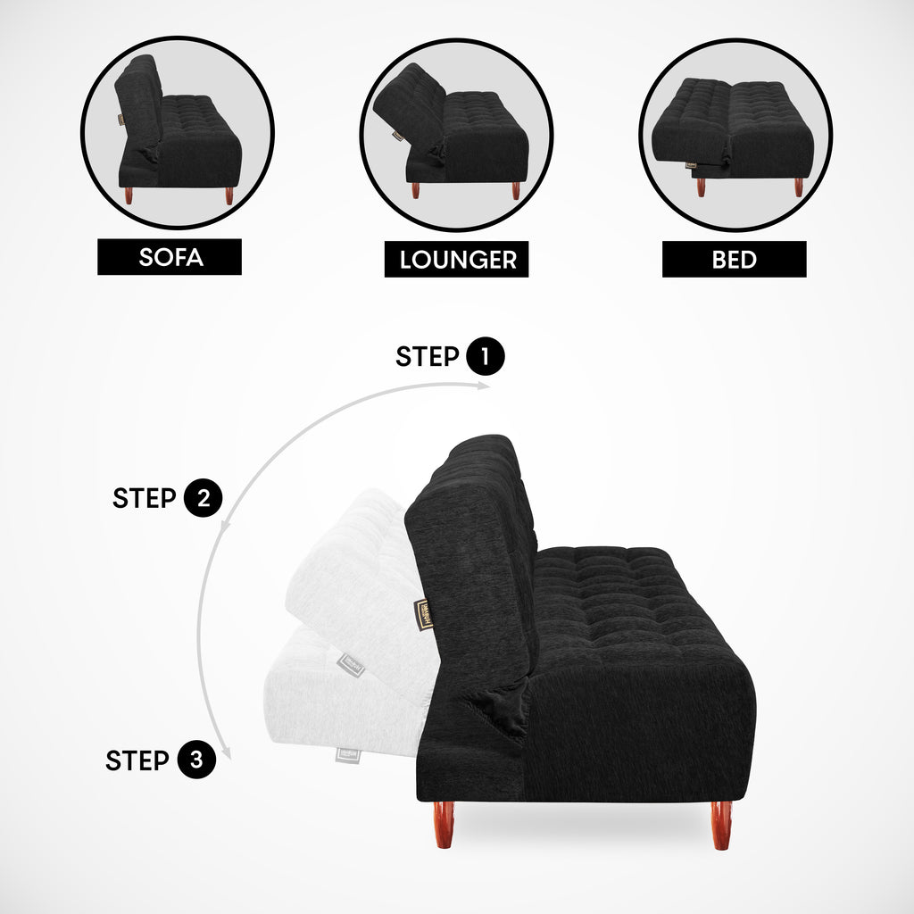 Florida 3 Seater Wooden Sofa Cum Bed - ( Premium Molfino Fabric- Black )