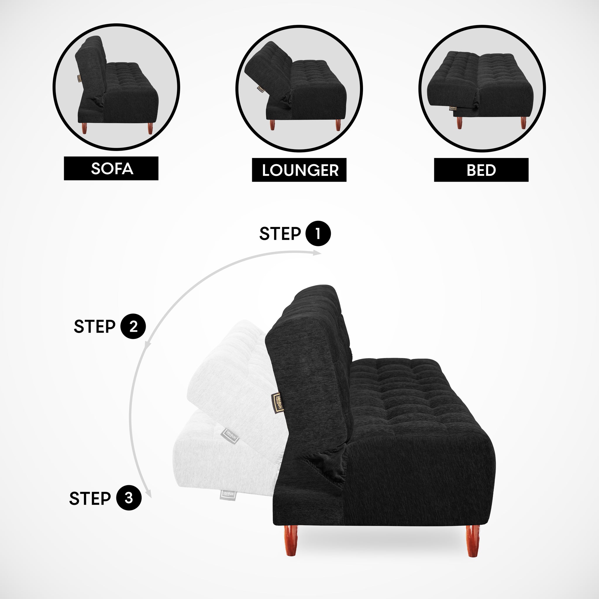 Florida 3 Seater Wooden Sofa Cum Bed - ( Premium Molfino Fabric- Black )