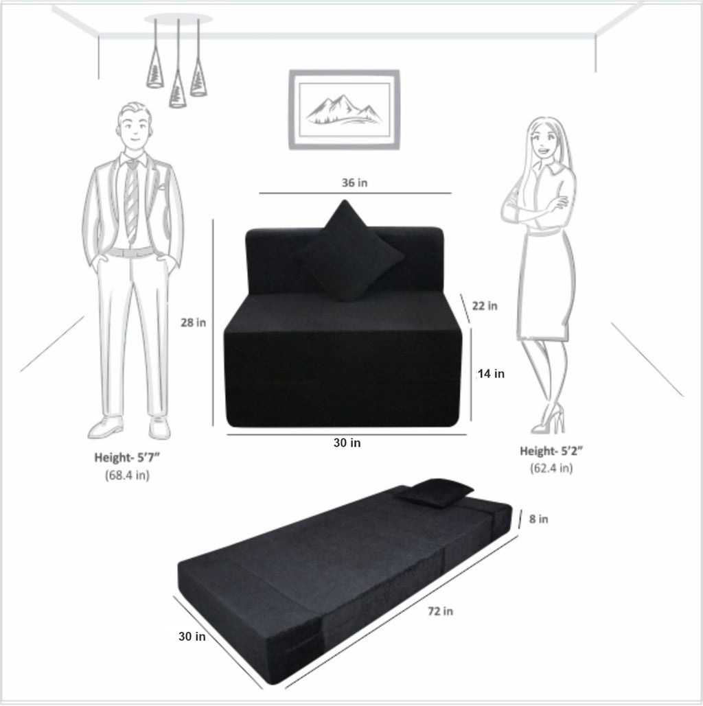 Rejoice Sofa Cum Bed - 1 Seater, Plain Cushion ( Premium Molfino Fabric, Blackl )