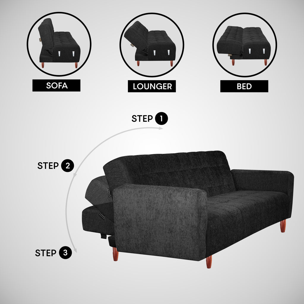 Lisbon  4 Seater Wooden Sofa Cum Bed - ( Premium Molfino Fabric - Black)