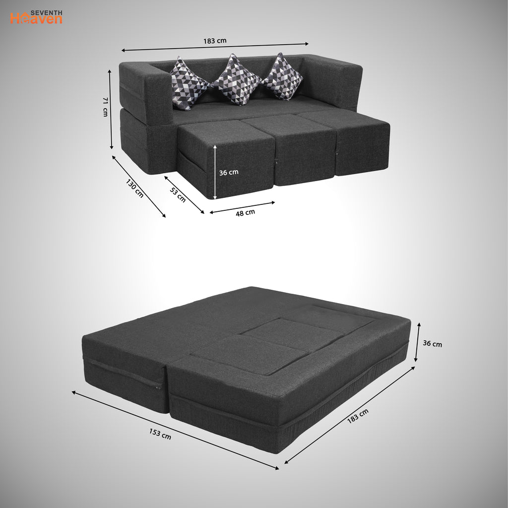 Flipper X Sofa Cum Bed - 3 Seater With 3 Ottoman - Printed Cushions ( Jute Fabric, Dark Grey )