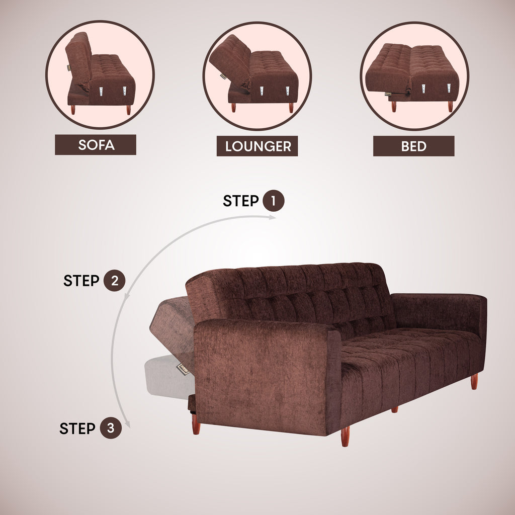 Lisbon 3 Seater Wooden Sofa Cum Bed - ( Premium Molfino Fabric- Brown )