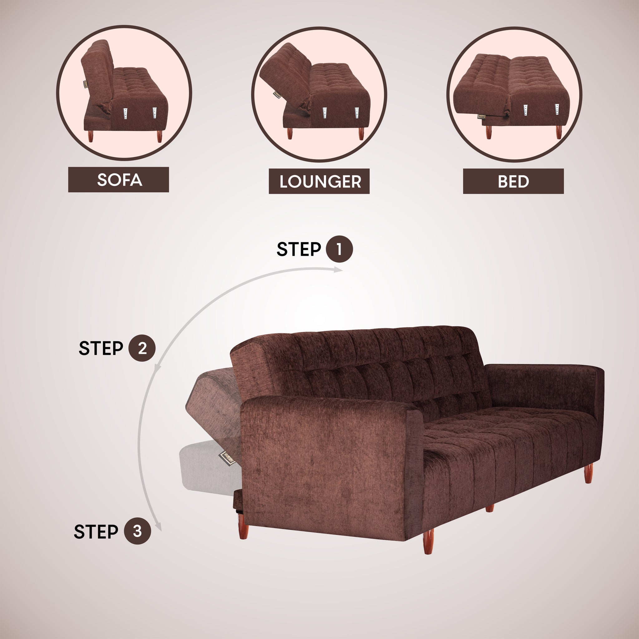 Lisbon 3 Seater Wooden Sofa Cum Bed - ( Premium Molfino Fabric- Brown )