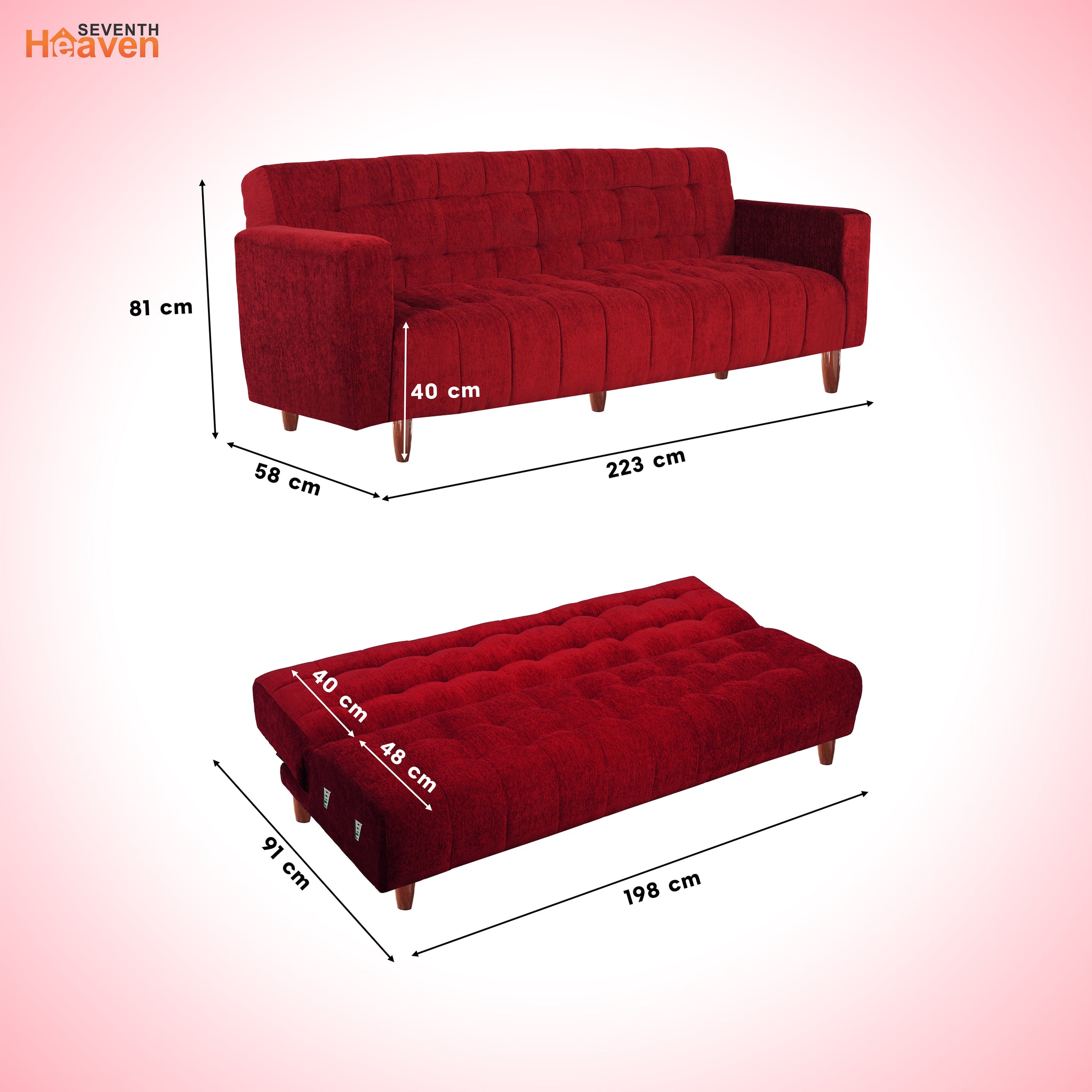 Lisbon Neo 4 Seater Wooden Sofa Cum Bed - ( Premium Molfino Fabric- Maroon )