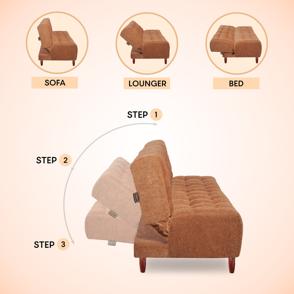 Florida 3 Seater Wooden Sofa Cum Bed - ( Premium Molfino Fabric- Beige )