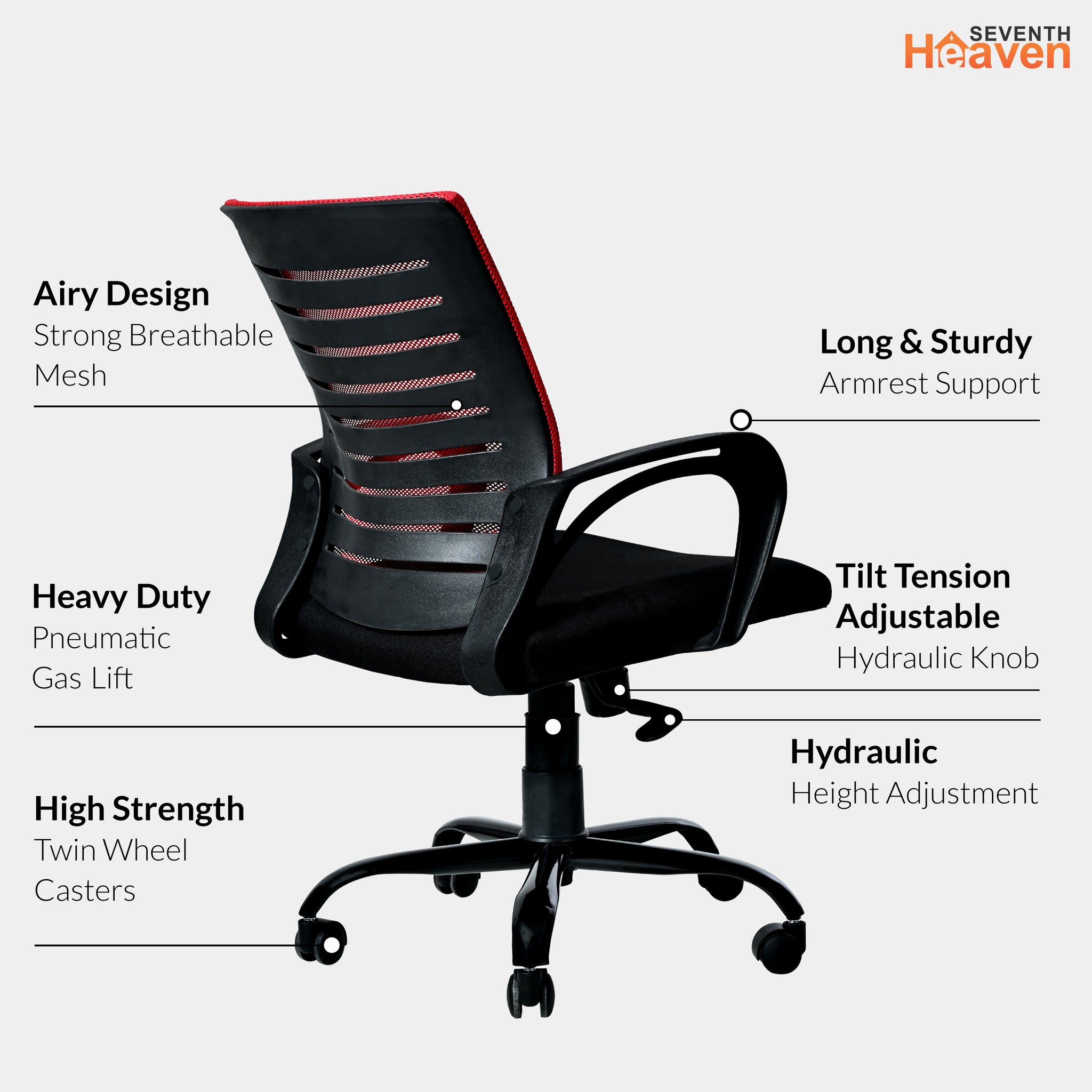 Seventh Heaven Blaze Mid Back Office Chair for Work from Home | Study Chair | Revolving Chair | Computer Chair : 3 years warranty ( Heavy Duty Powder Metal Base, Red Mesh )