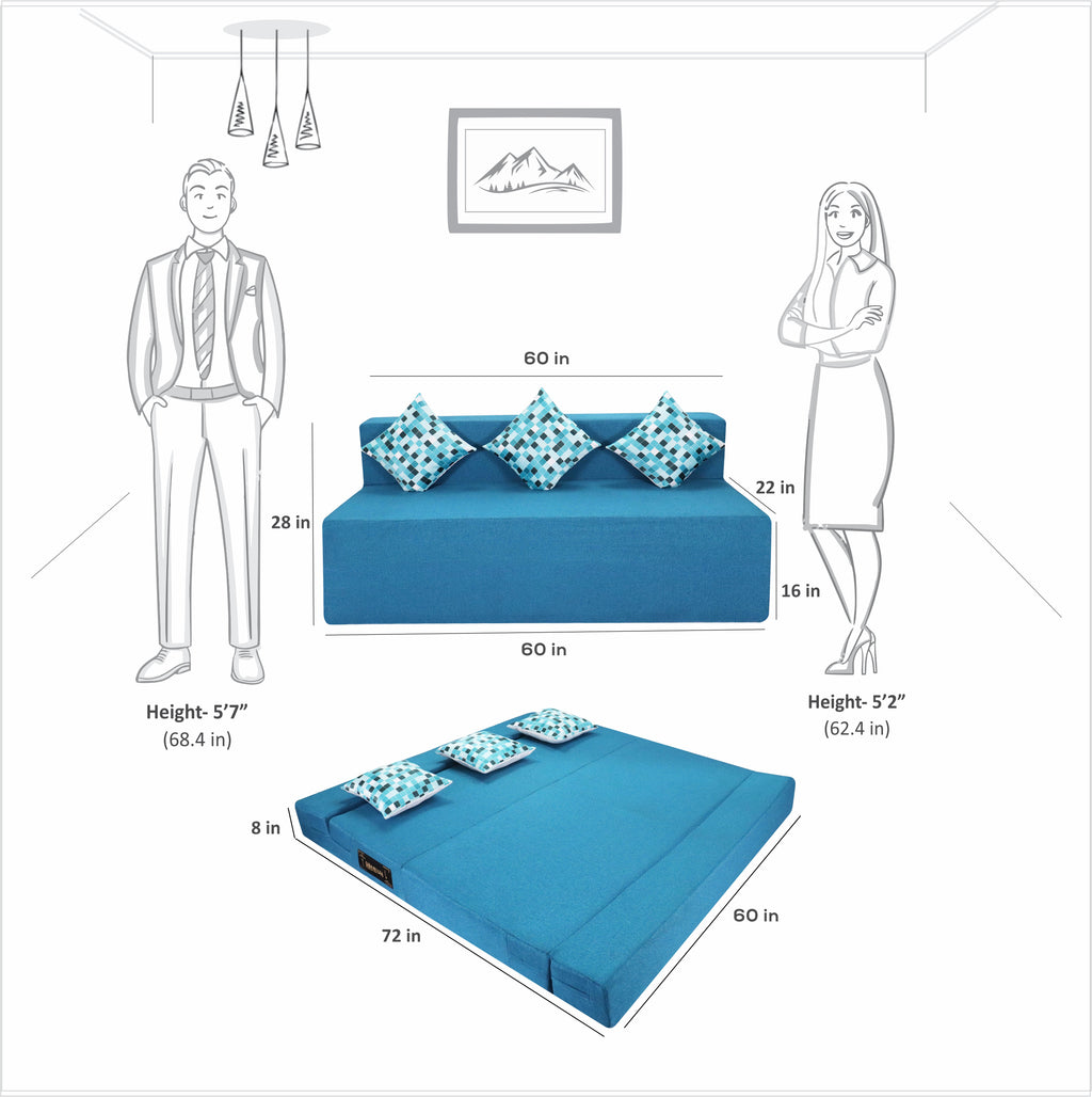 Rejoice Sofa Cum Bed - 3 Seater, 3 Printed Cushion ( Jute Fabric, Sky Blue )