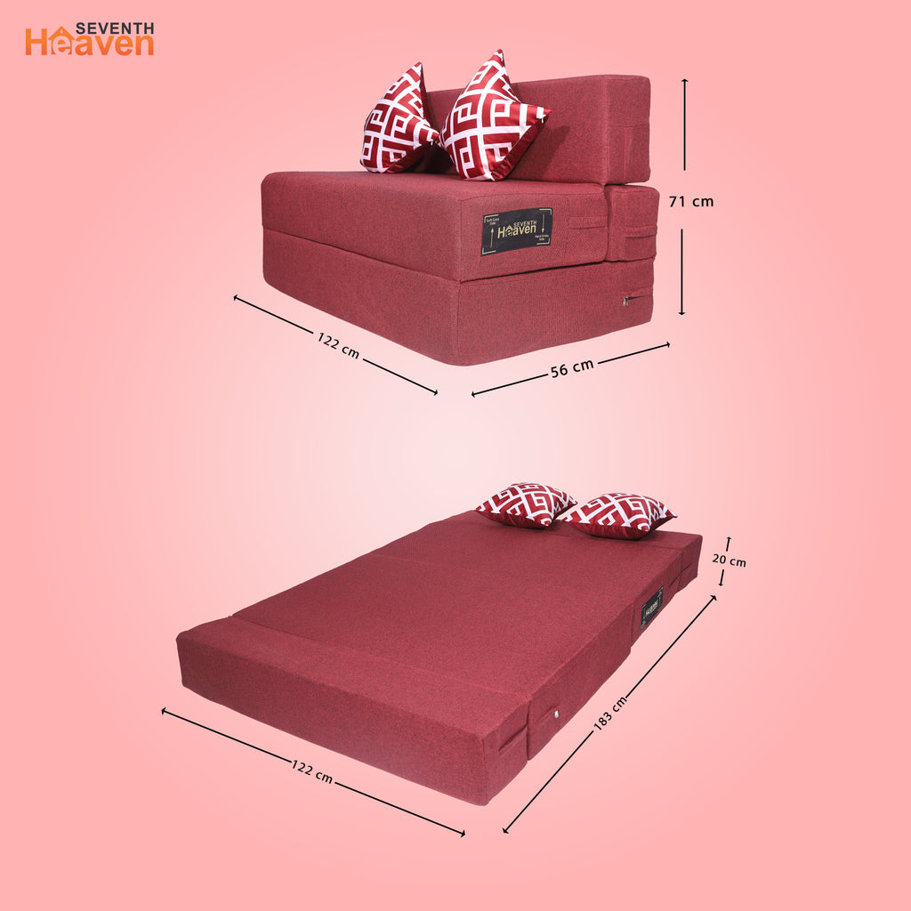 Seventh Heaven 2 Seater 6×4  Premium Jute Fabric Washable Cover Sofa cum Bed 2 Seater Double Foam Fold Out Sofa  Bed With 2 Printed Cushions (Finish Color - Maroon Delivery Condition - Pre-assembled)
