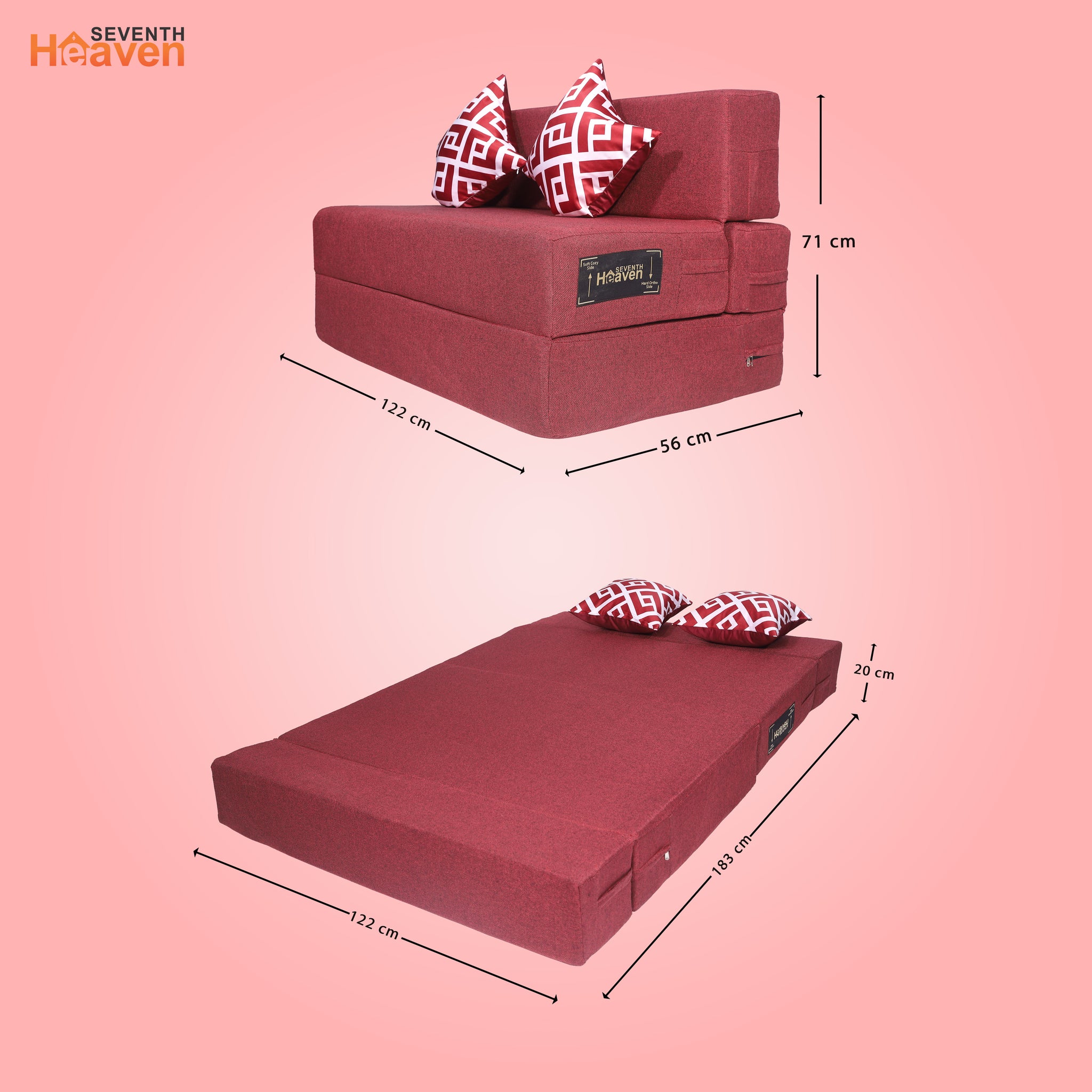 Seventh Heaven 2 Seater 6×4  Premium Jute Fabric Washable Cover Sofa cum Bed 2 Seater Double Foam Fold Out Sofa  Bed With 2 Printed Cushions (Finish Color - Maroon Delivery Condition - Pre-assembled)