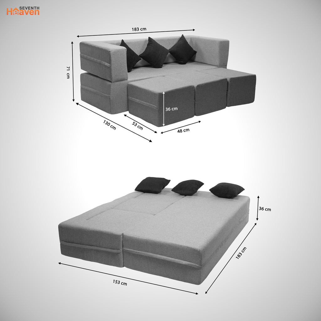 Flipper X Sofa Cum Bed - 3 Seater With 3 Ottoman - Plain Cushions ( Jute Fabric, Light Grey )