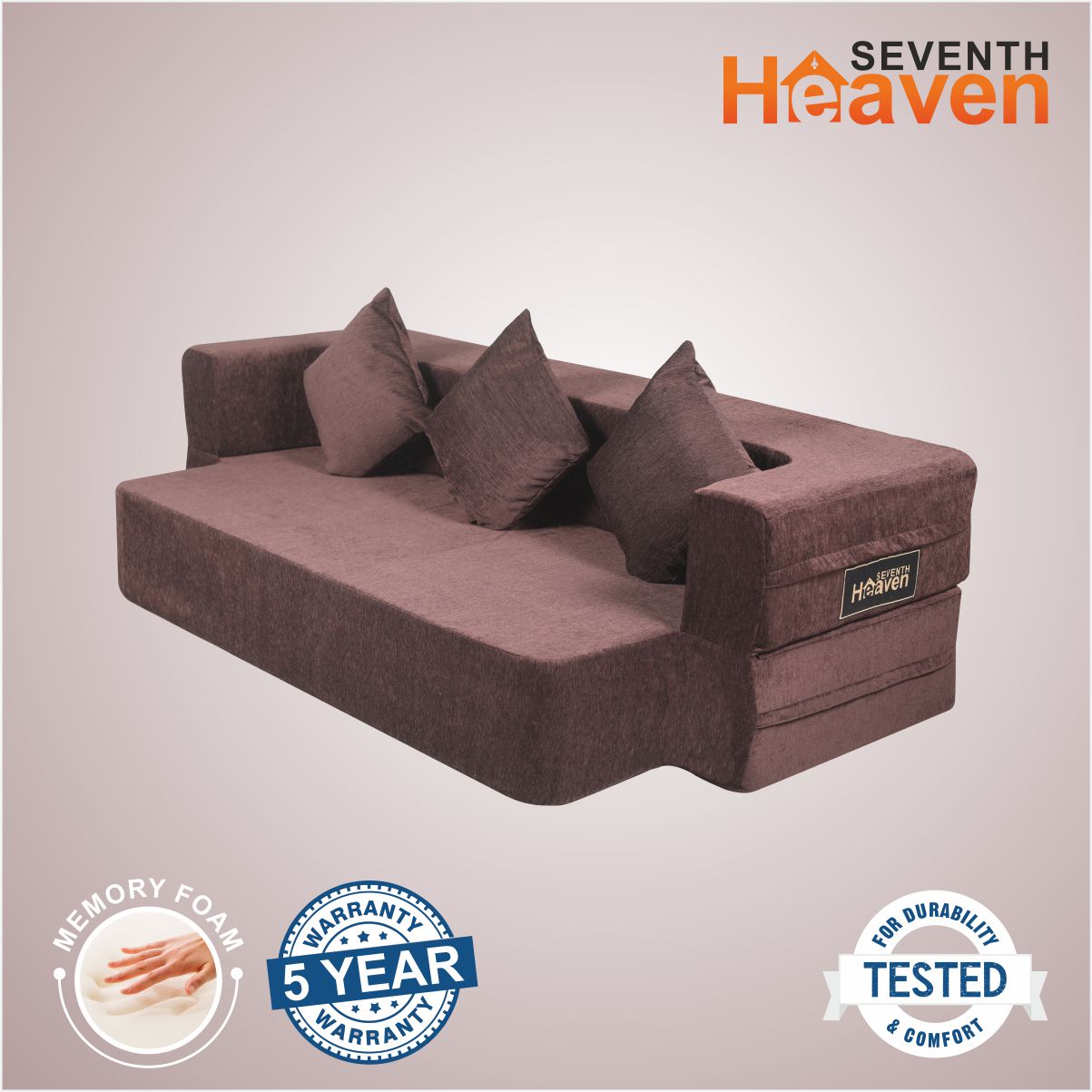 Flipper X Sofa Cum Bed (Memory Foam)- 3 Seater, Plain Cushions (Premium Molfino Fabric- Brown )