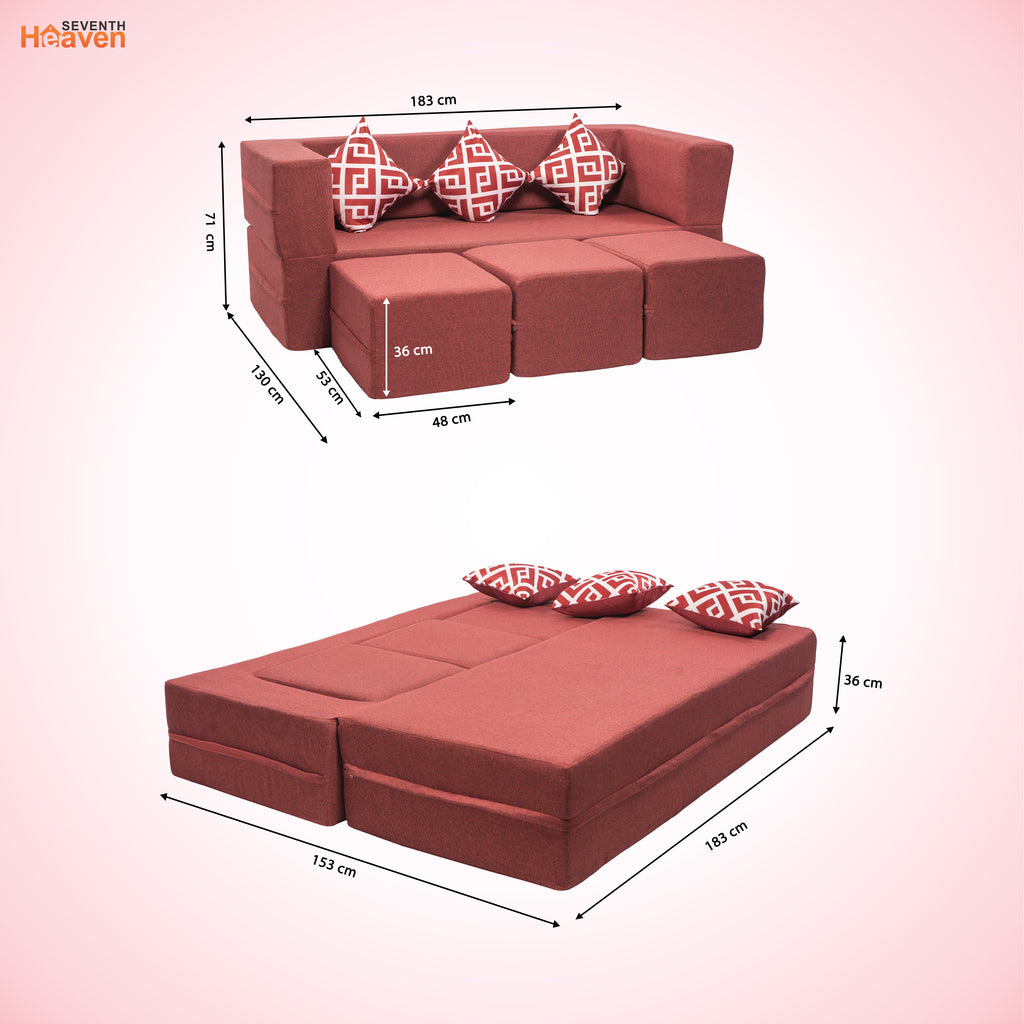 Flipper X Sofa Cum Bed - 3 Seater With 3 Ottoman - Printed Cushions ( Jute Fabric, Maroon )