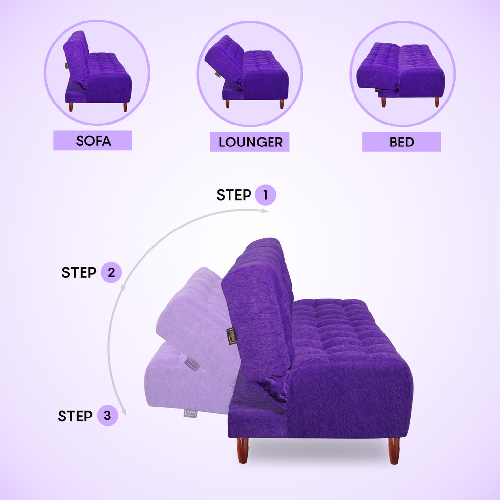 Florida 4 Seater Wooden Sofa Cum Bed - ( Premium Molfino Fabric- Purple)