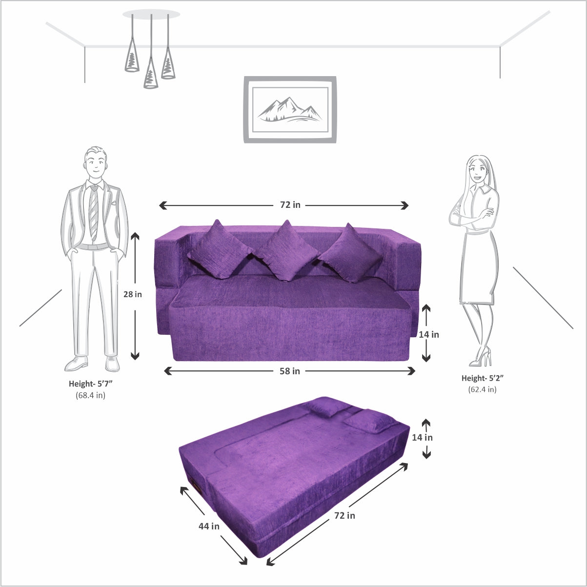 Flipper X Sofa Cum Bed - 3  Seater, Plain Cushion ( Premium Molfino Fabric, Purple)