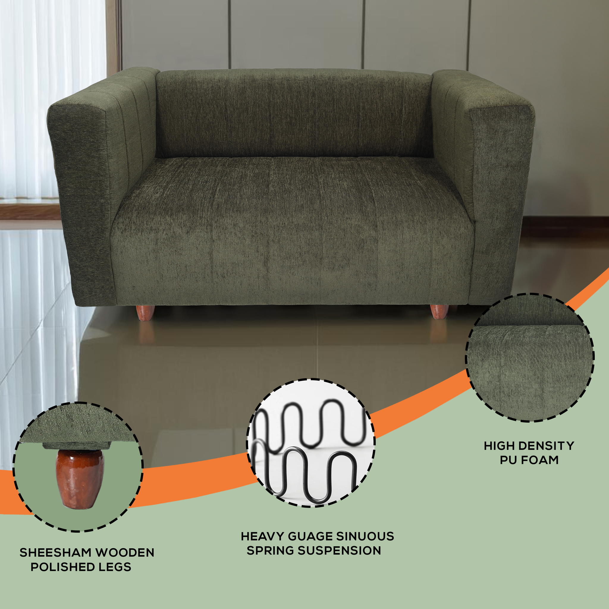 Tokyo 2 Seater Sofa- ( Premium Molfino Fabric- Green )