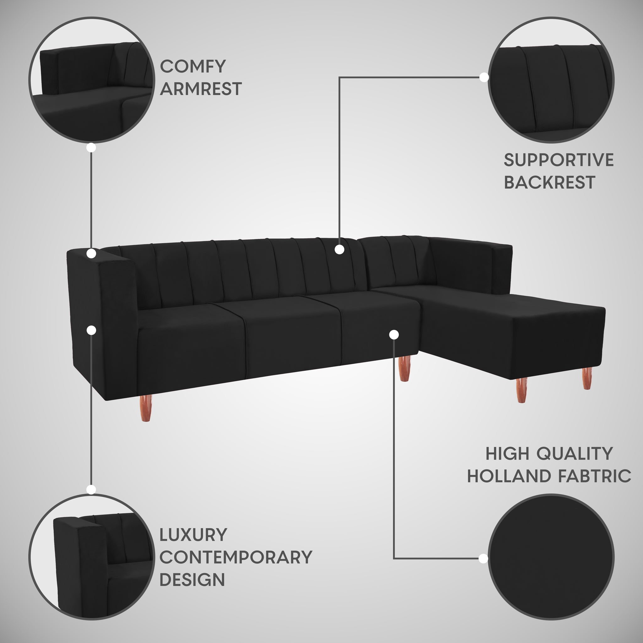 Sydney 6 Seater sofa right corner- ( Plush Suede Fabric- Black )
