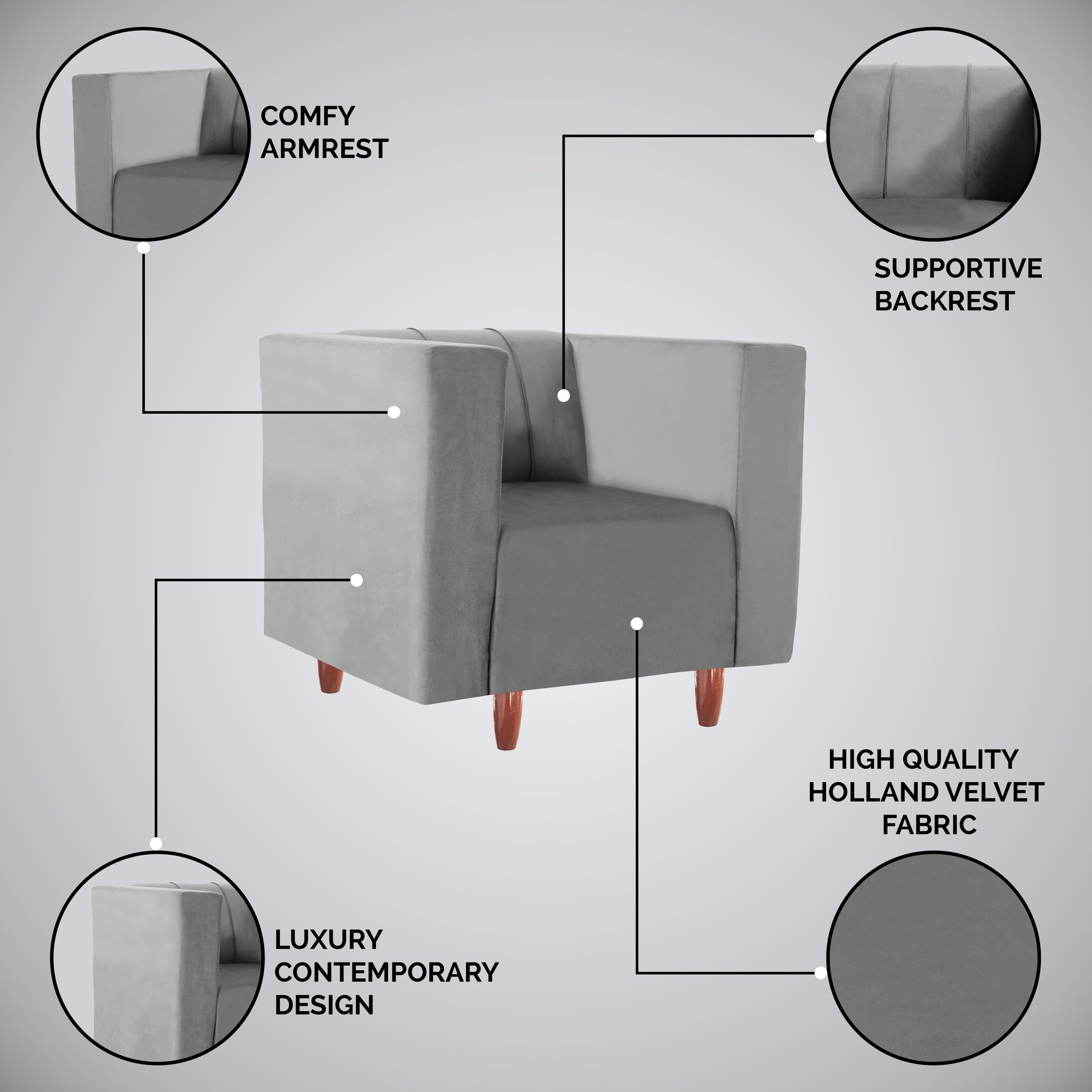 Sydney 1 Seater Sofa- ( Premium Holland Fabric- Grey )