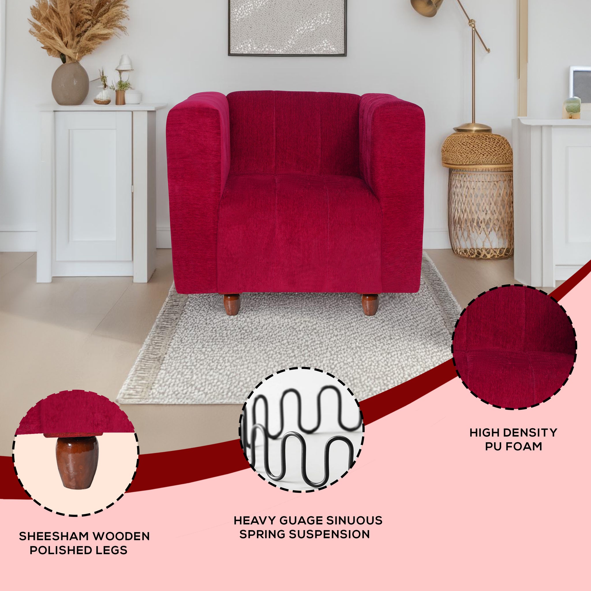 Seventh Heaven Tokyo 1 Seater Sofa, Extra Spacious, Chenille Molfino Fabric: 2 Year Warranty Fabric 1 Seater Sofa Maroon (Finish Color - Maroon, DIY(Do-It-Yourself)