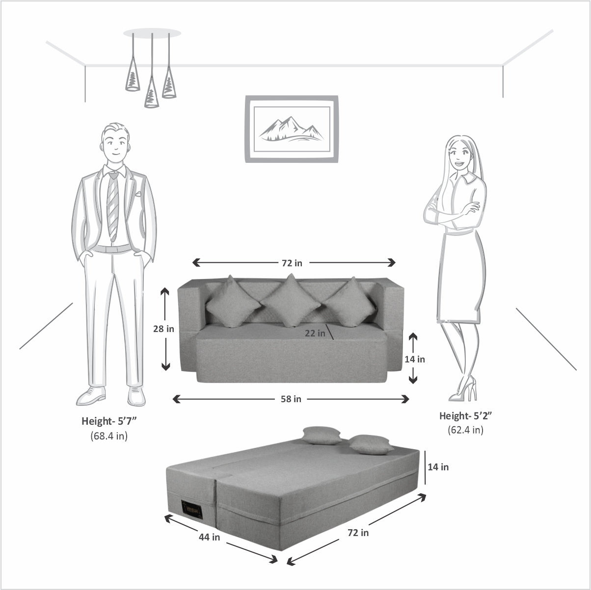 FlipperX Sofa Cum Bed Cover - 3 Seater, Plain Cushion ( Premium Jute Fabric, Light Grey )