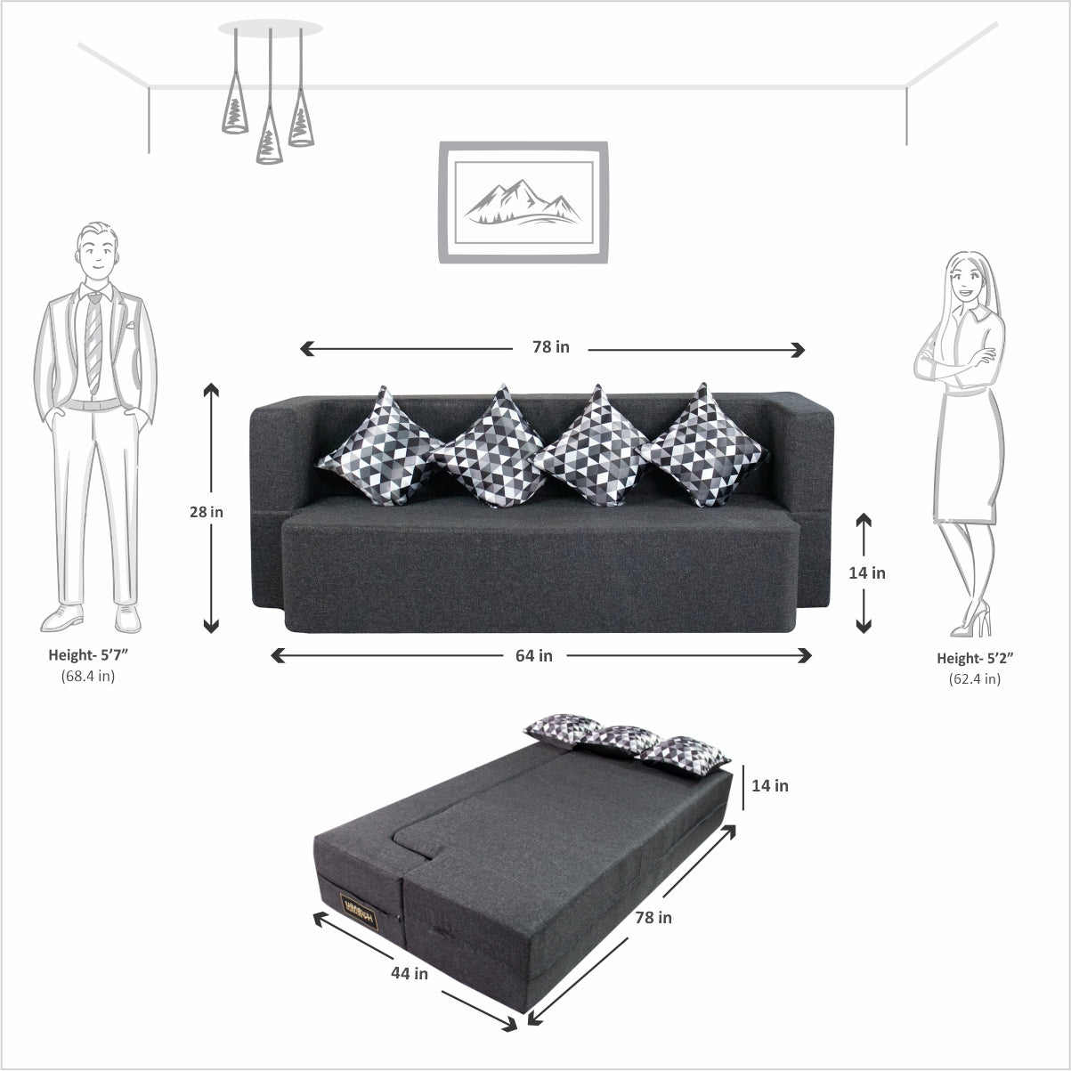 Flipper X Sofa Cum Bed - 3 Seater, Printed Cushion ( Jute Fabric, Dark Grey )
