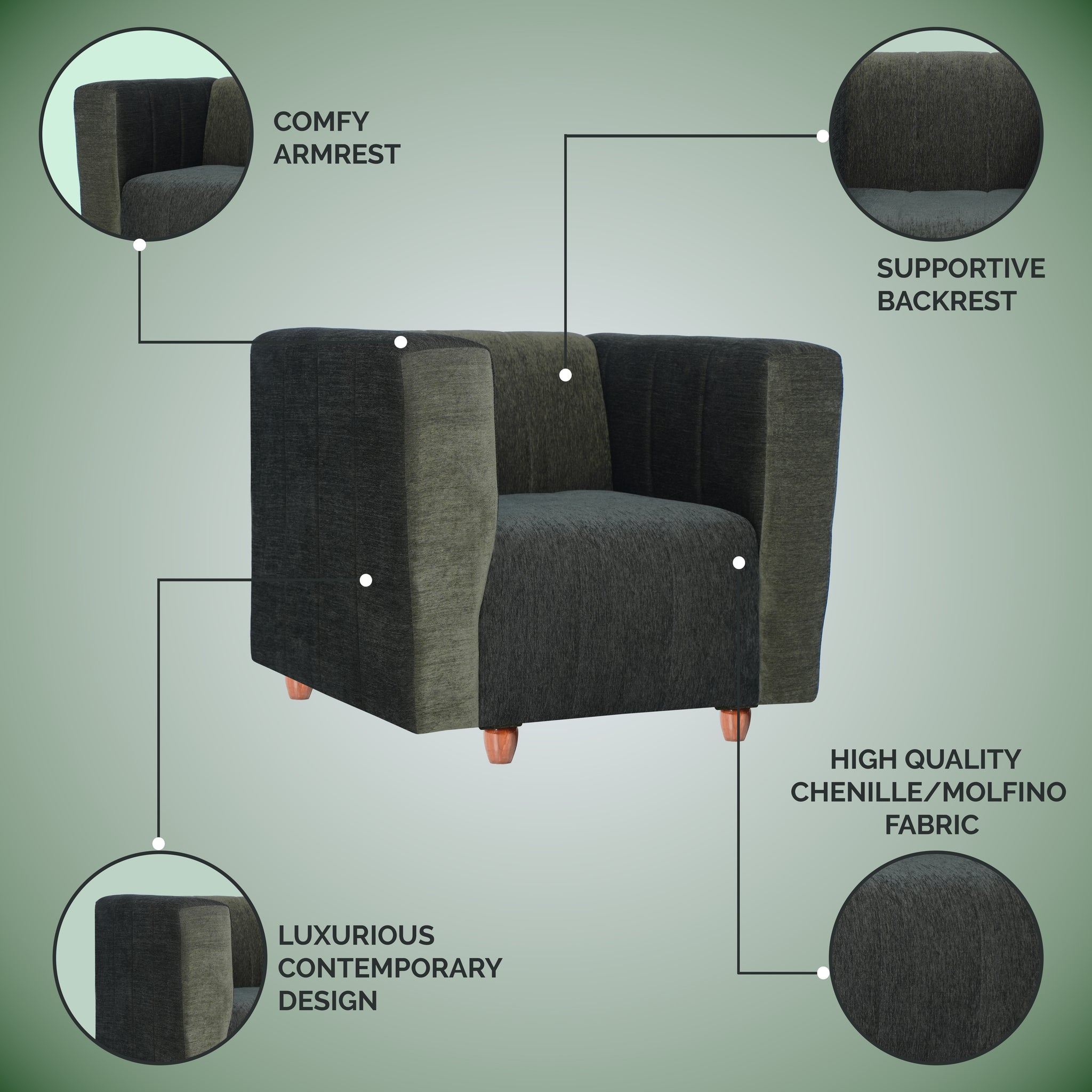 Tokyo 1 Seater Sofa- ( Premium Molfino Fabric- Green )
