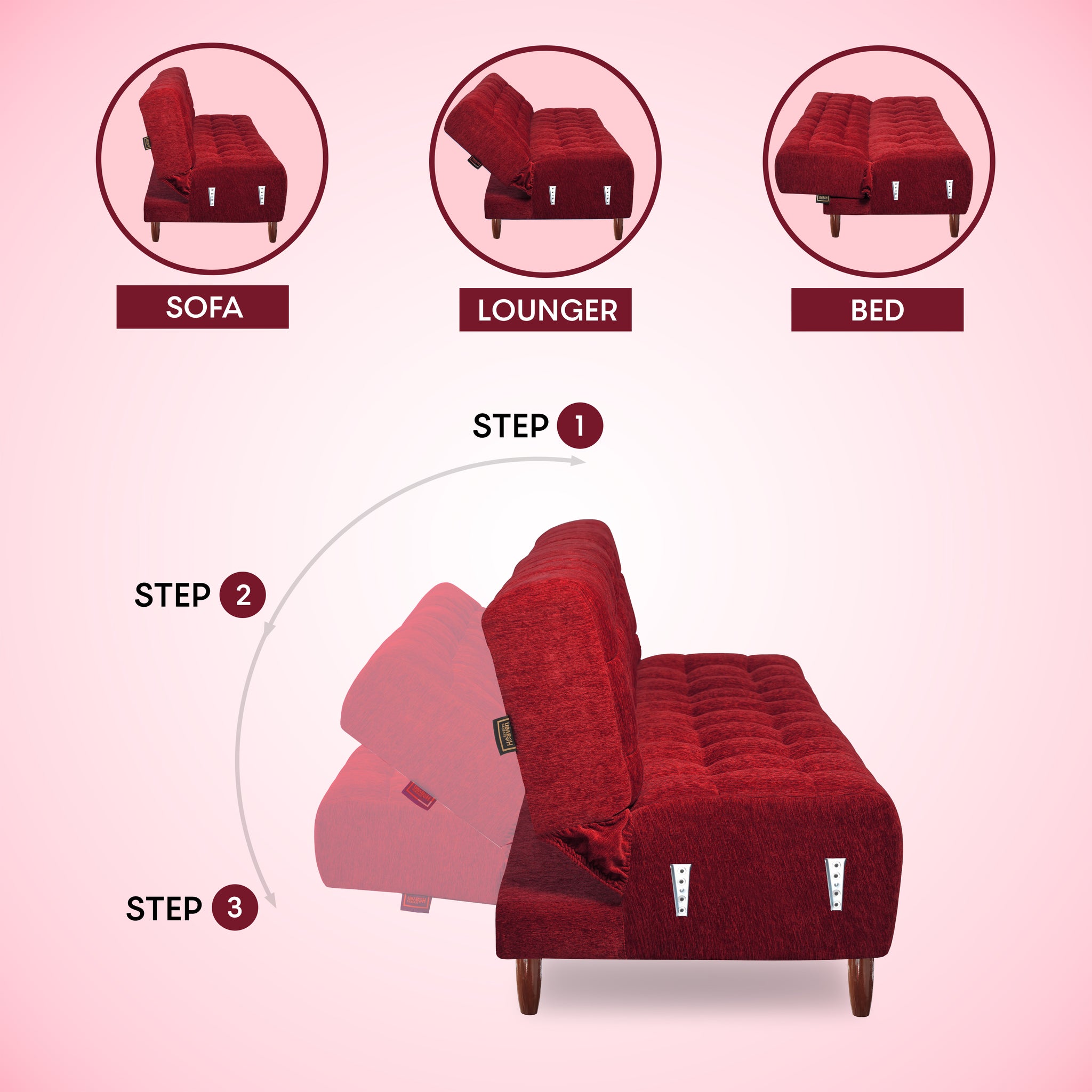 Lisbon Neo 4 Seater Wooden Sofa Cum Bed - ( Premium Molfino Fabric- Maroon )