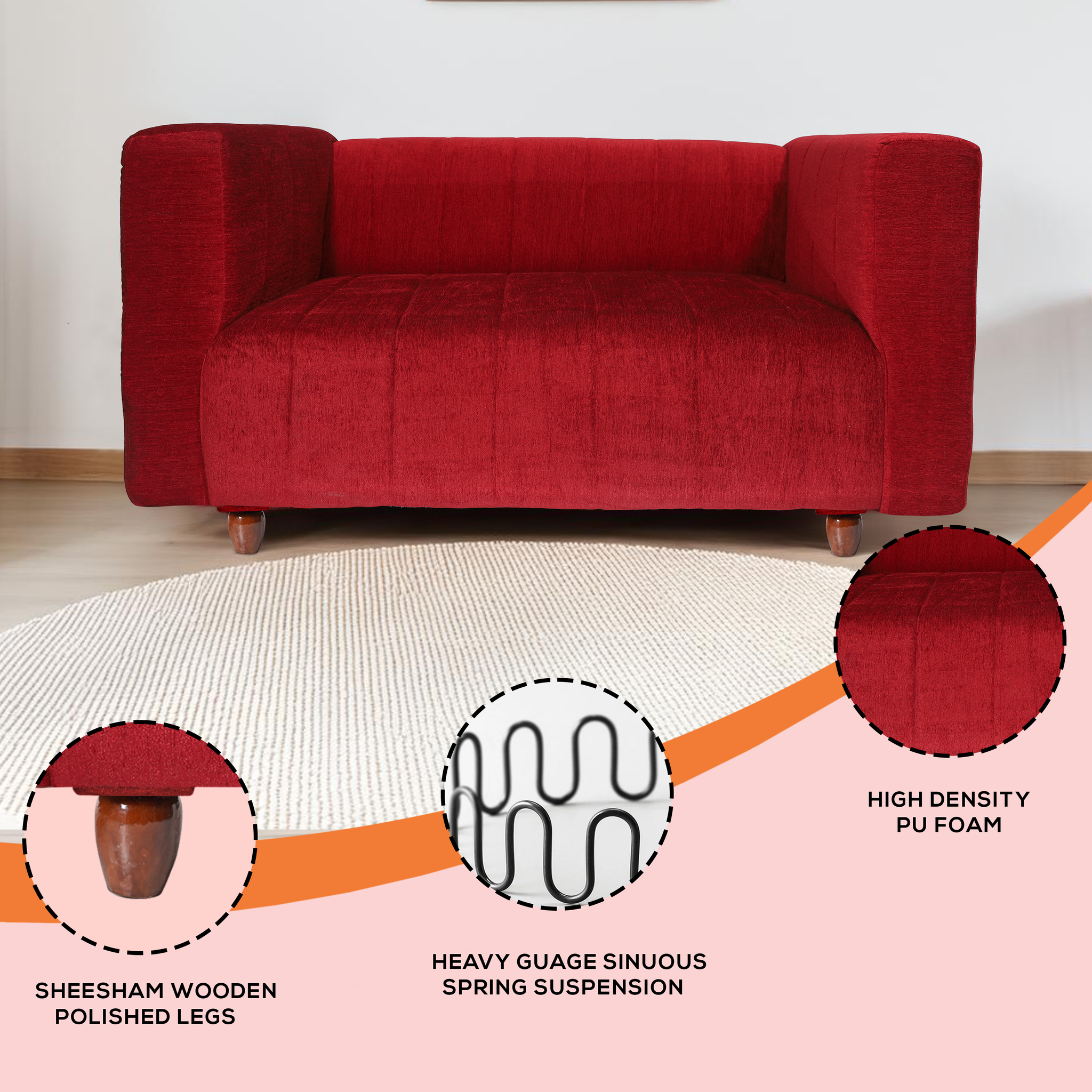 Tokyo 2 Seater Sofa- ( Premium Molfino Fabric- Maroon )