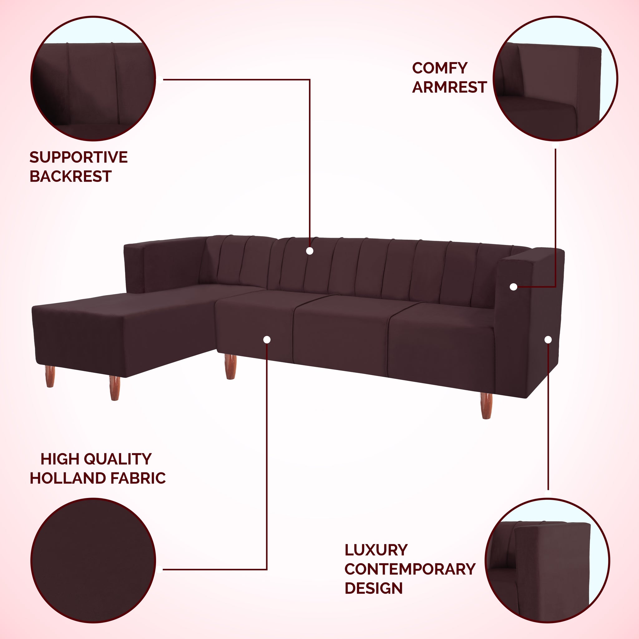 Sydney 6 Seater Sofa Left Corner- ( Polyster Holland Fabric- Brown )
