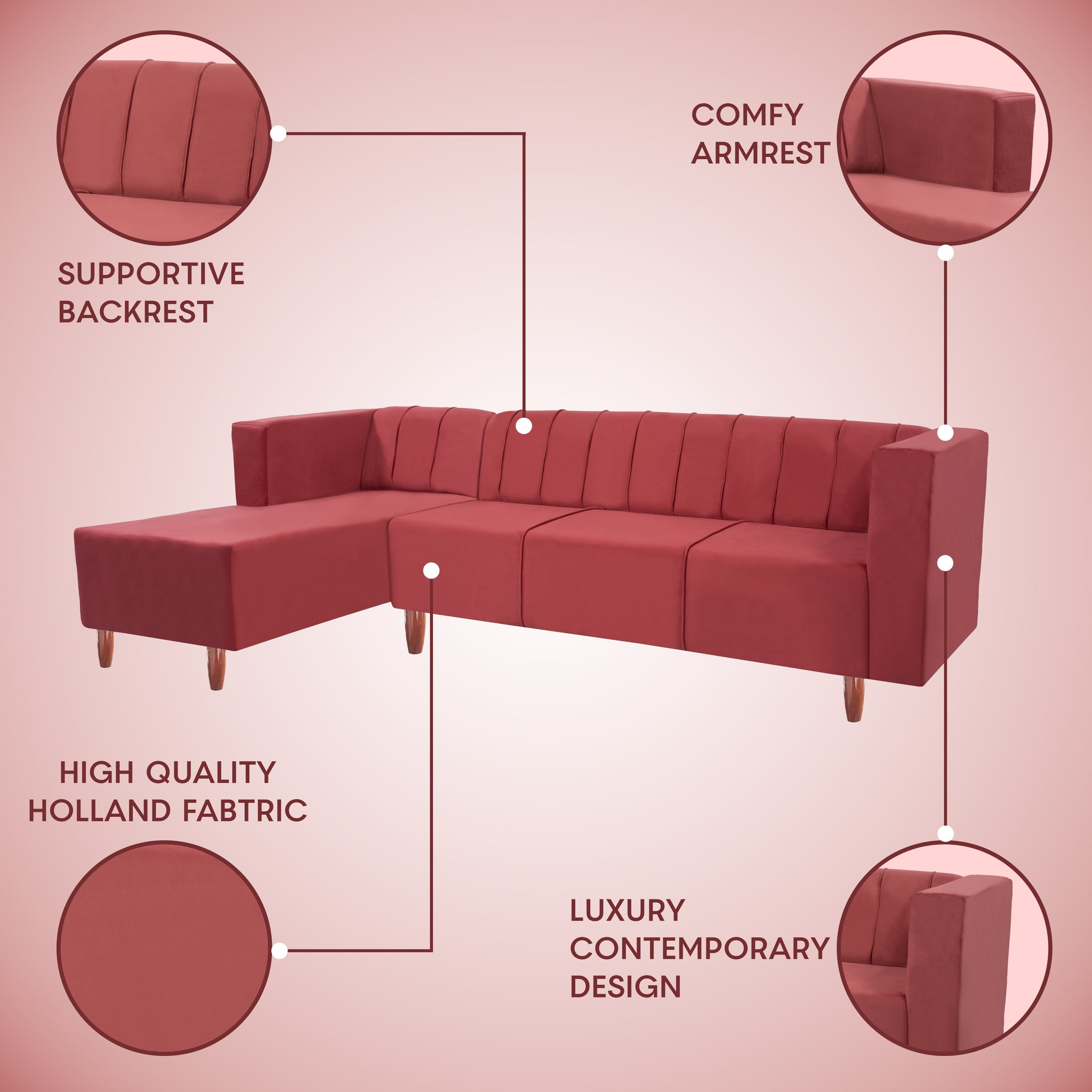 Sydney 6 Seater sofa left corner- ( Plush Suede Fabric- Maroon )