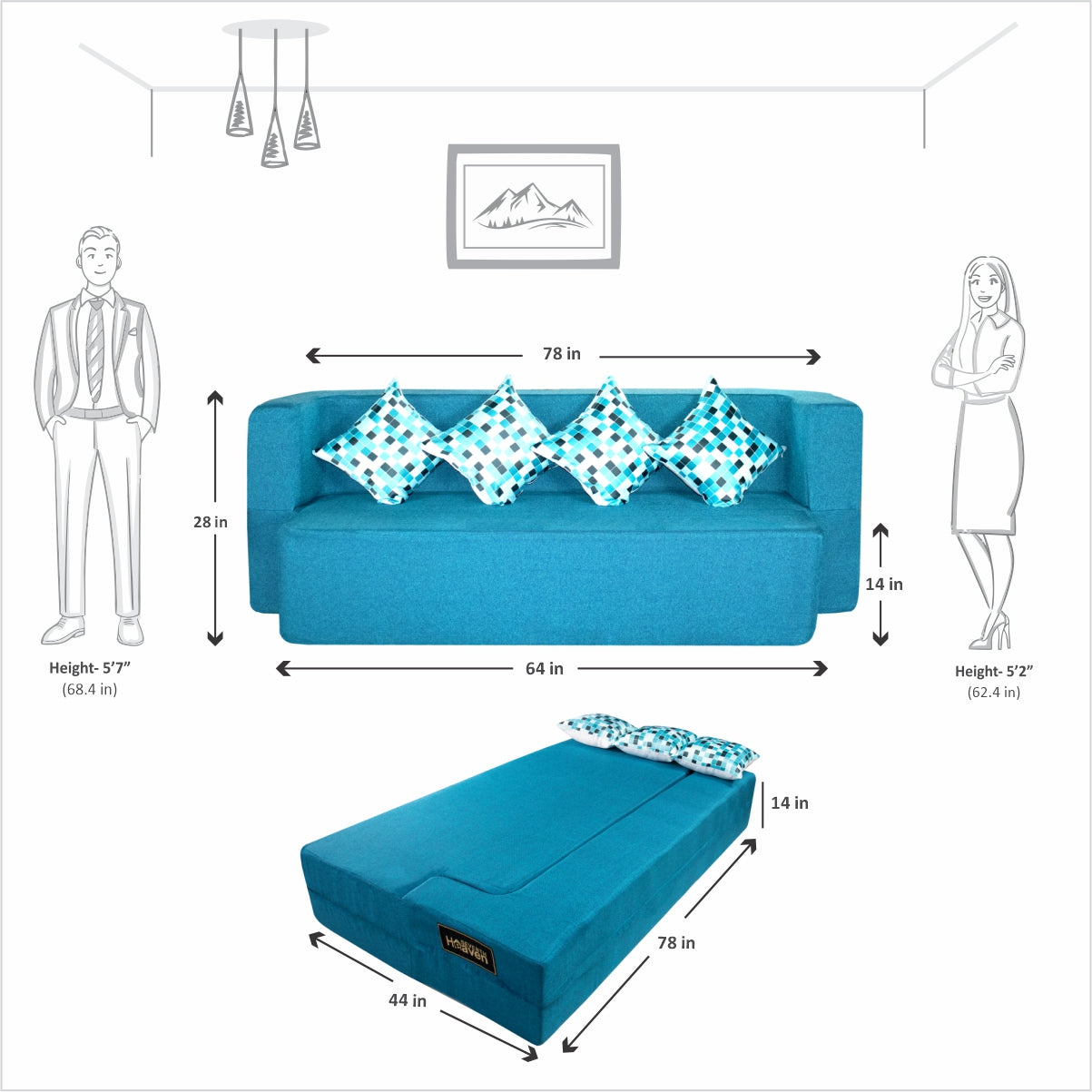 Flipper X Sofa Cum Bed Cover - 4 Seater, Printed Cushion ( Jute Fabric, Sky Blue )