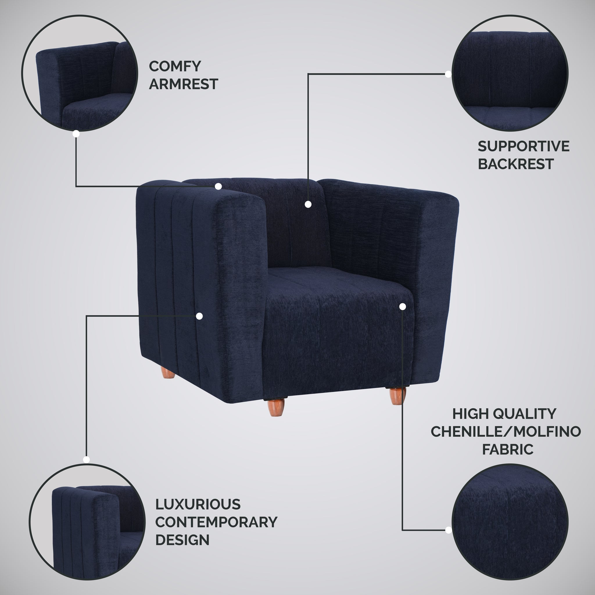 Tokyo 1 Seater Sofa- ( Premium Molfino Fabric- Black )
