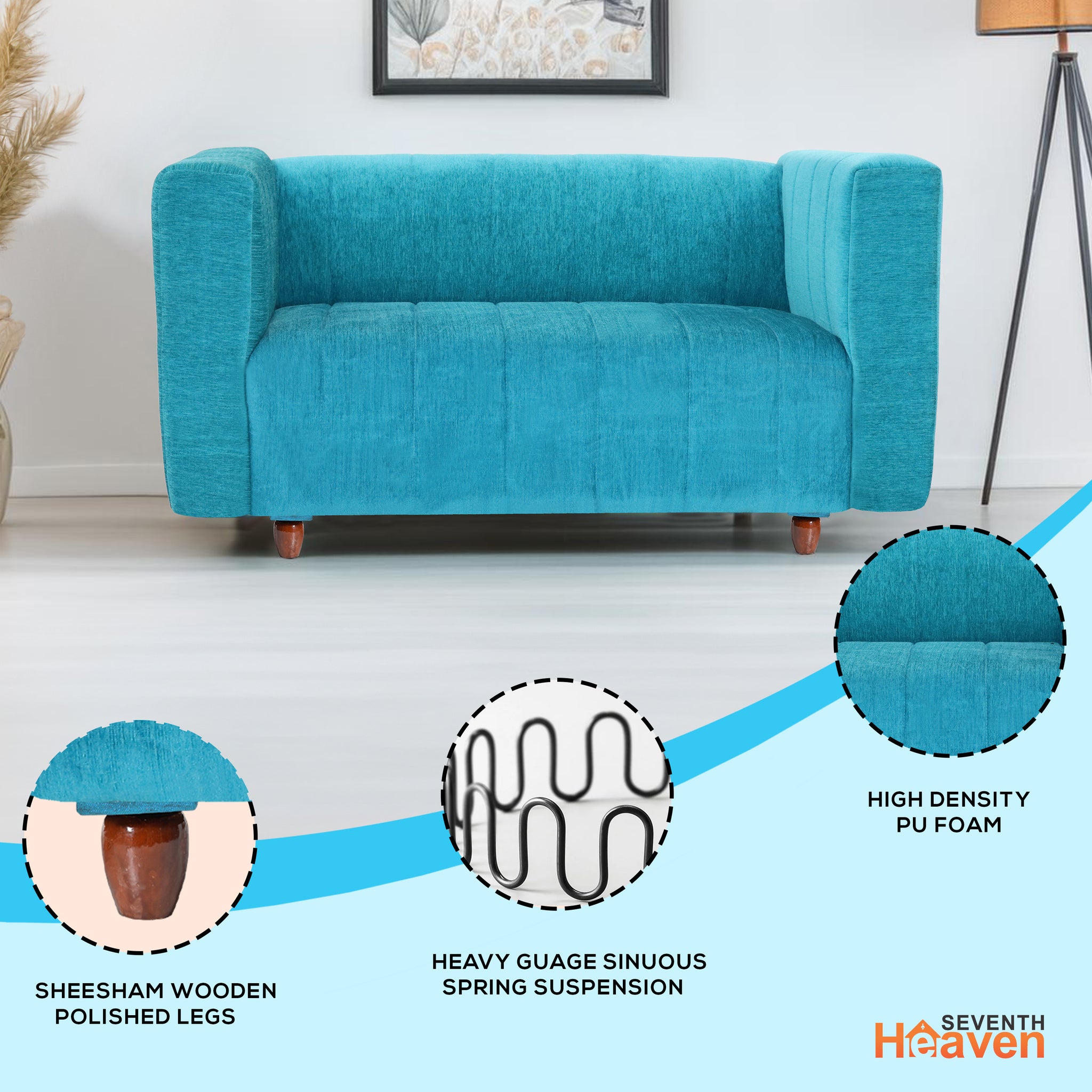 Seventh Heaven Tokyo 2 Seater Sofa, Extra Spacious, Chenille Molfino Fabric: 2 Year Warranty Fabric 2 Seater Sofa Green (Finish Color -Sky Blue, DIY(Do-It-Yourself)