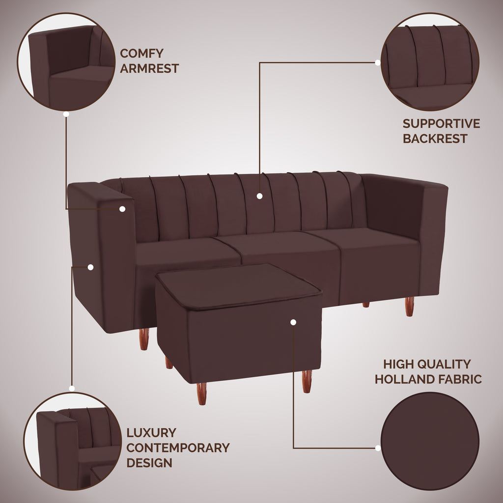 Sydney 4 Seater Sofa with Ottoman- ( Premium Holland Fabric- Brown )