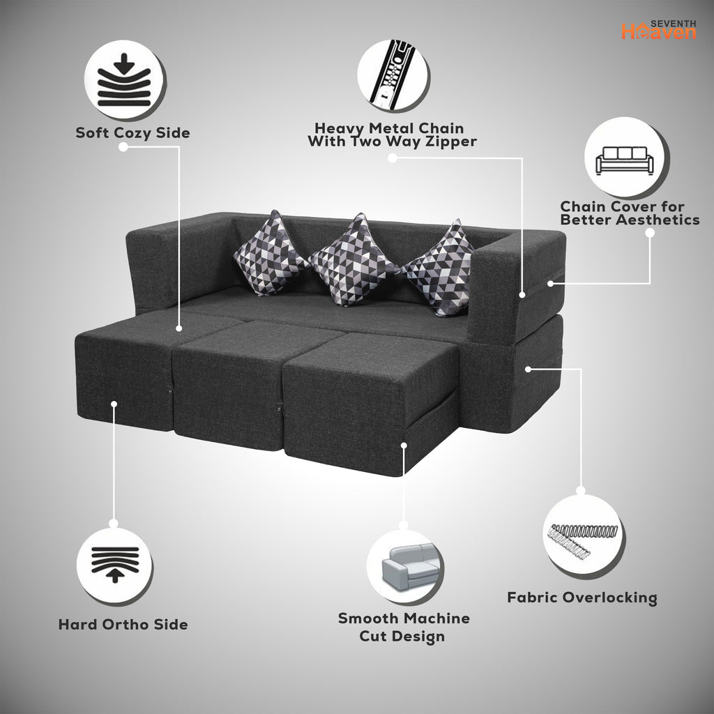 Flipper X Sofa Cum Bed - 3 Seater With 3 Ottoman - Printed Cushions ( Jute Fabric, Dark Grey )