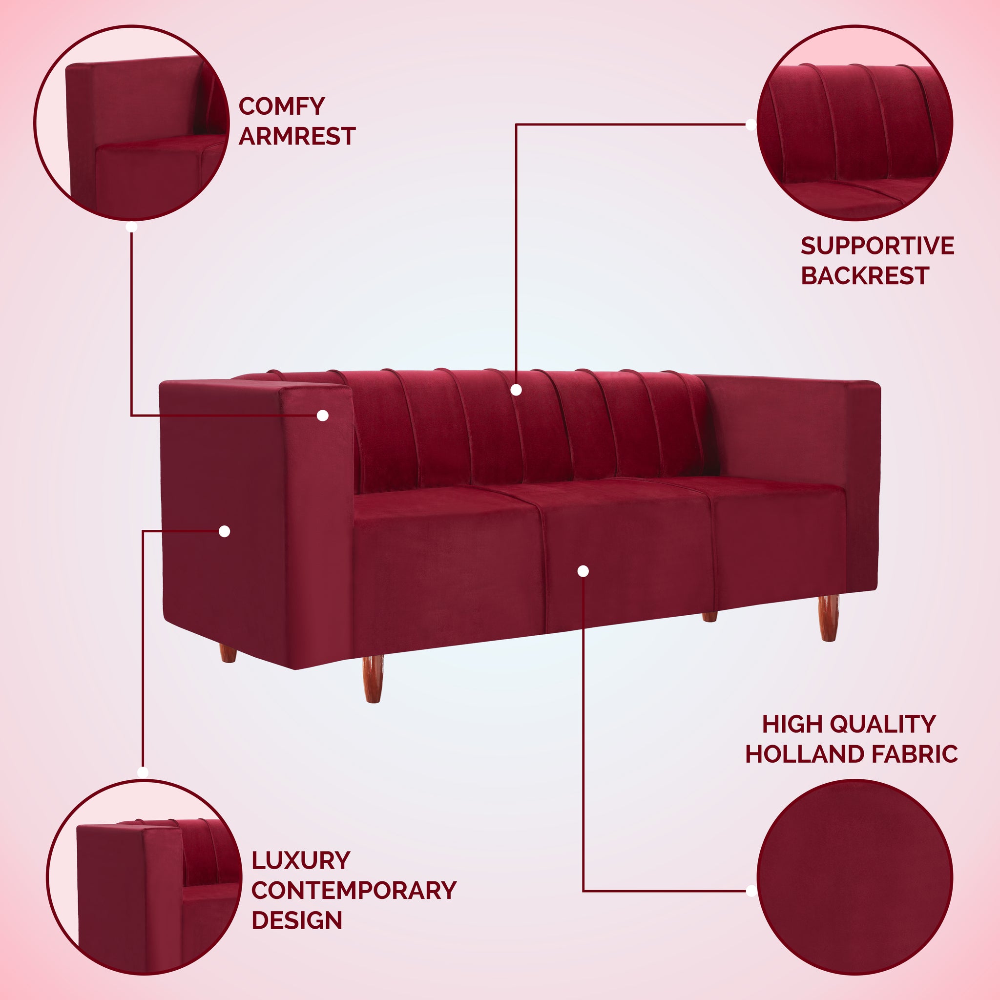 Sydney 3 Seater Sofa- ( Plush Suede Fabric- Maroon )