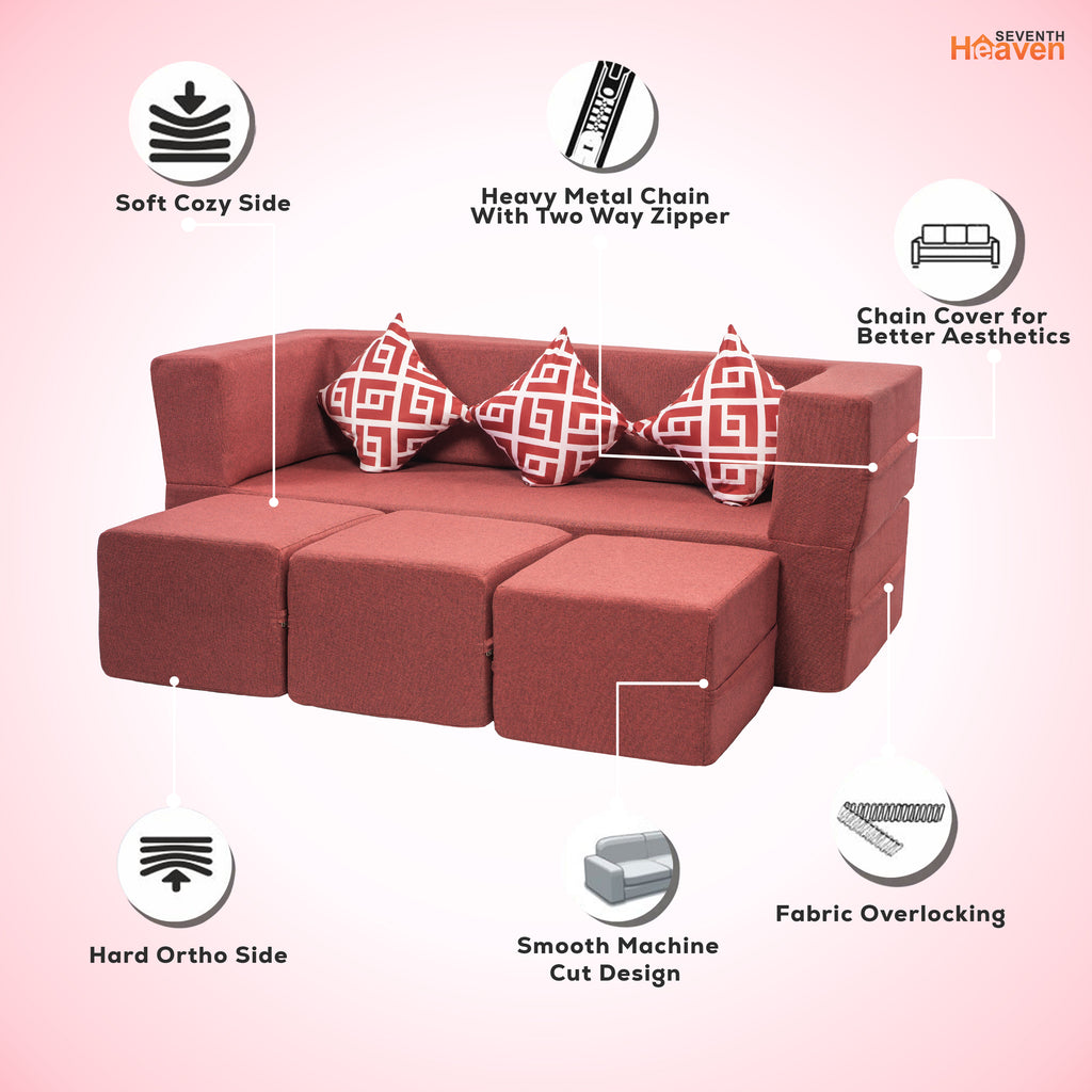 Flipper X Sofa Cum Bed - 3 Seater With 3 Ottoman - Printed Cushions ( Jute Fabric, Maroon )