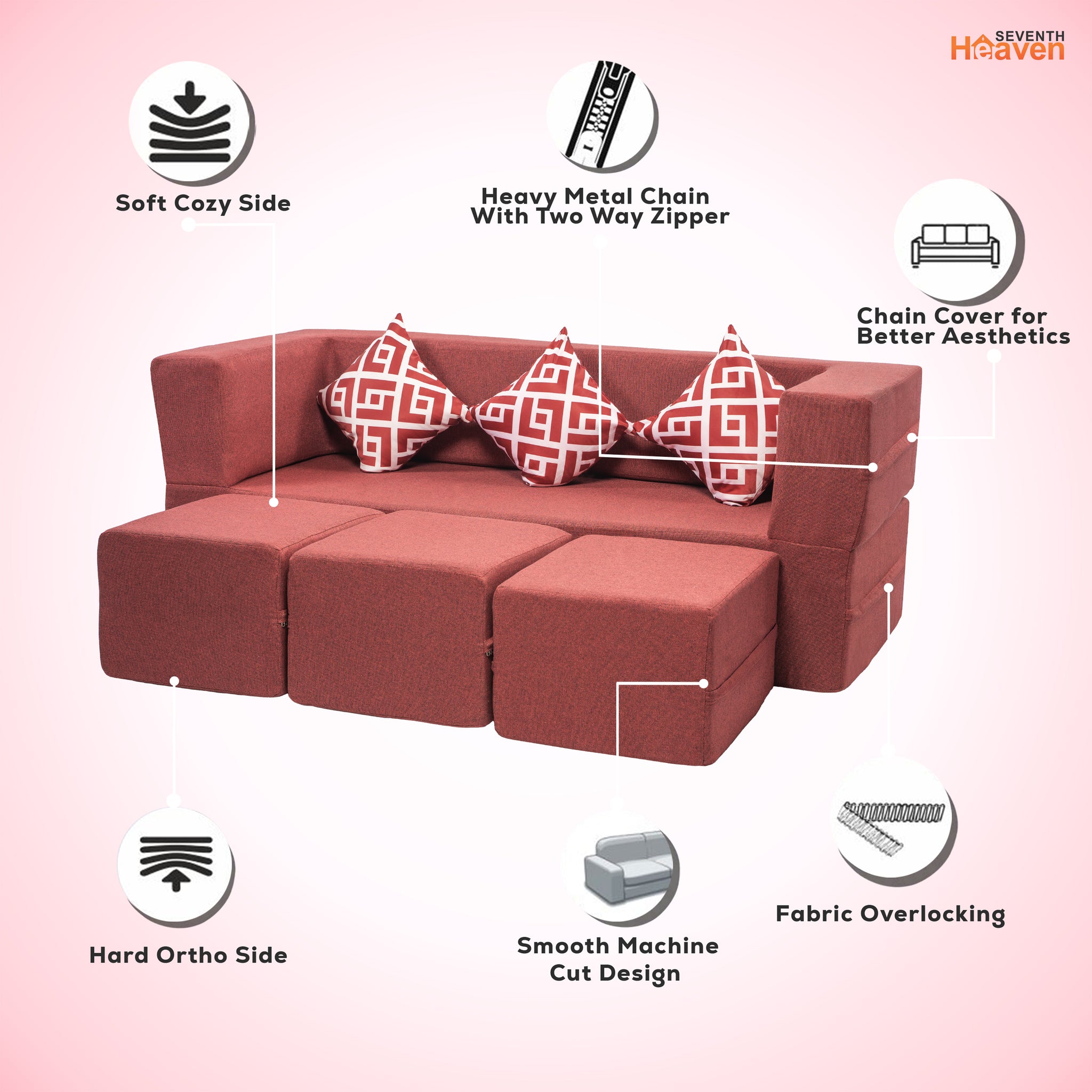 Flipper X Sofa Cum Bed - 3 Seater With 3 Ottoman - Printed Cushions ( Jute Fabric, Maroon )