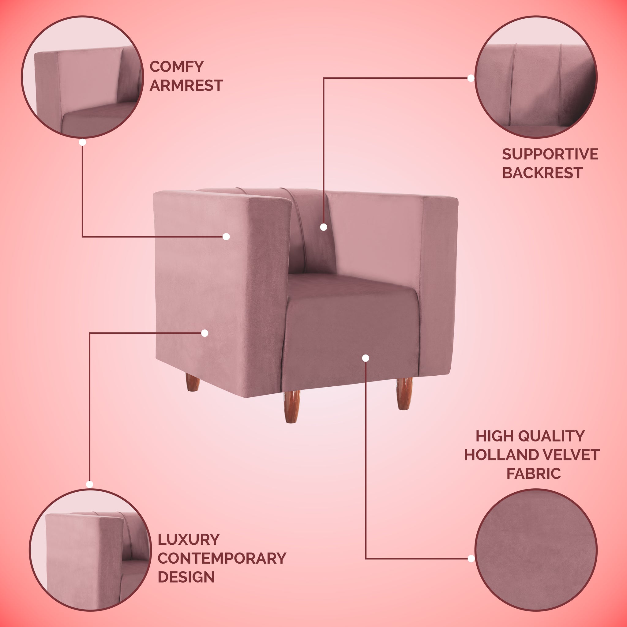 Sydney 1 Seater Sofa- ( Premium Holland Fabric- Peach )