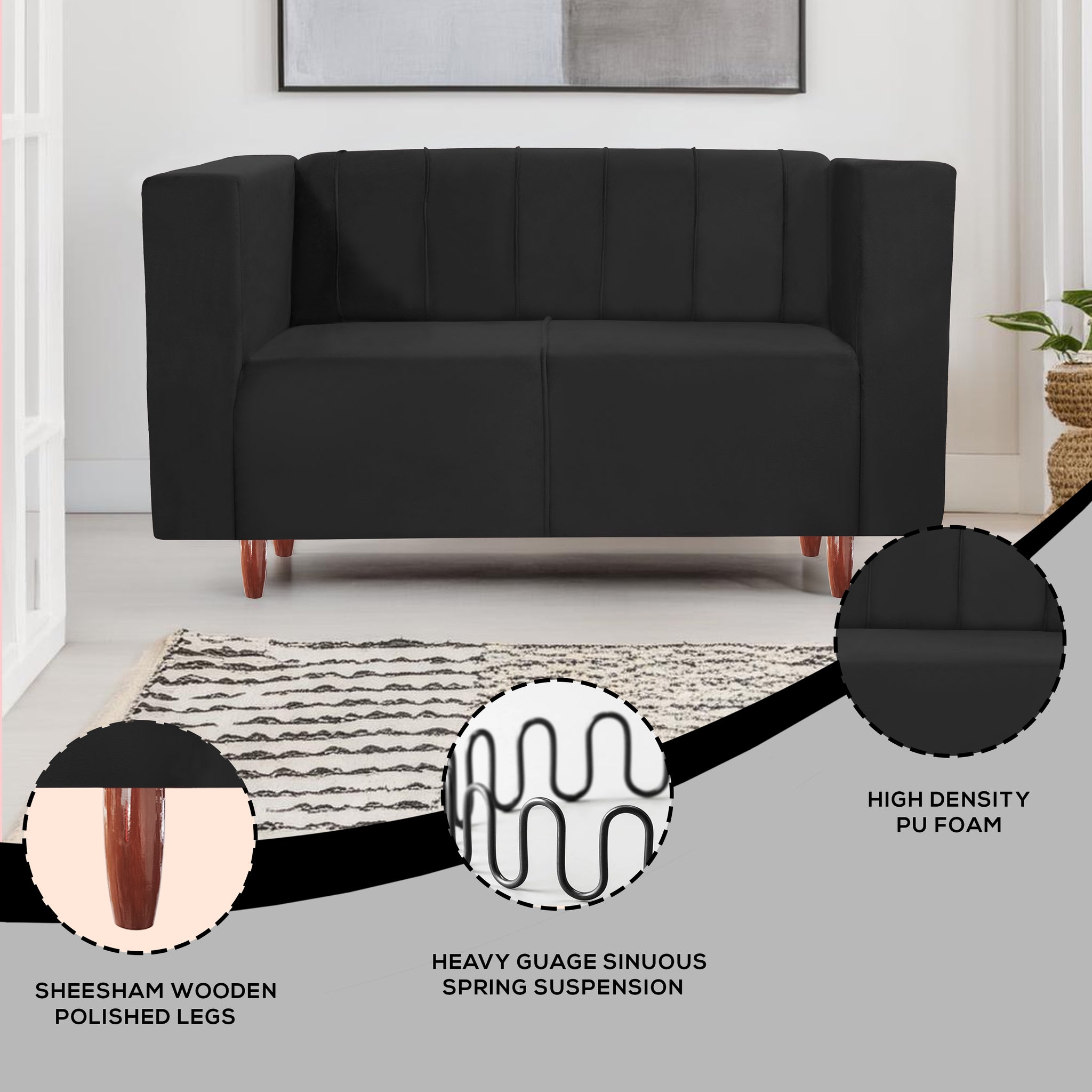 Sydney 2 Seater Sofa- ( Premium Holland Fabric- Black )