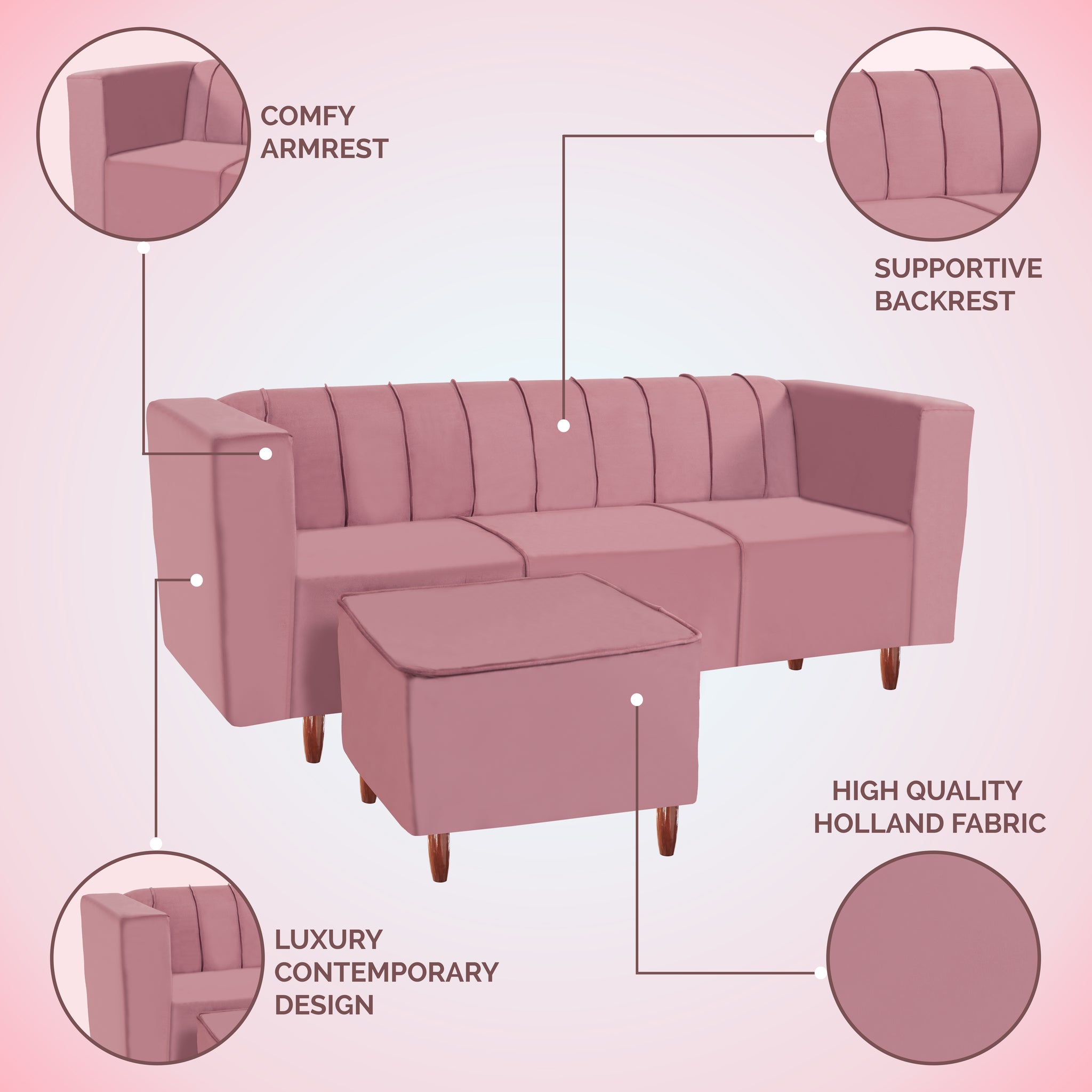 Sydney 4 Seater Sofa with Ottoman- ( Premium Holland Fabric- Peach )
